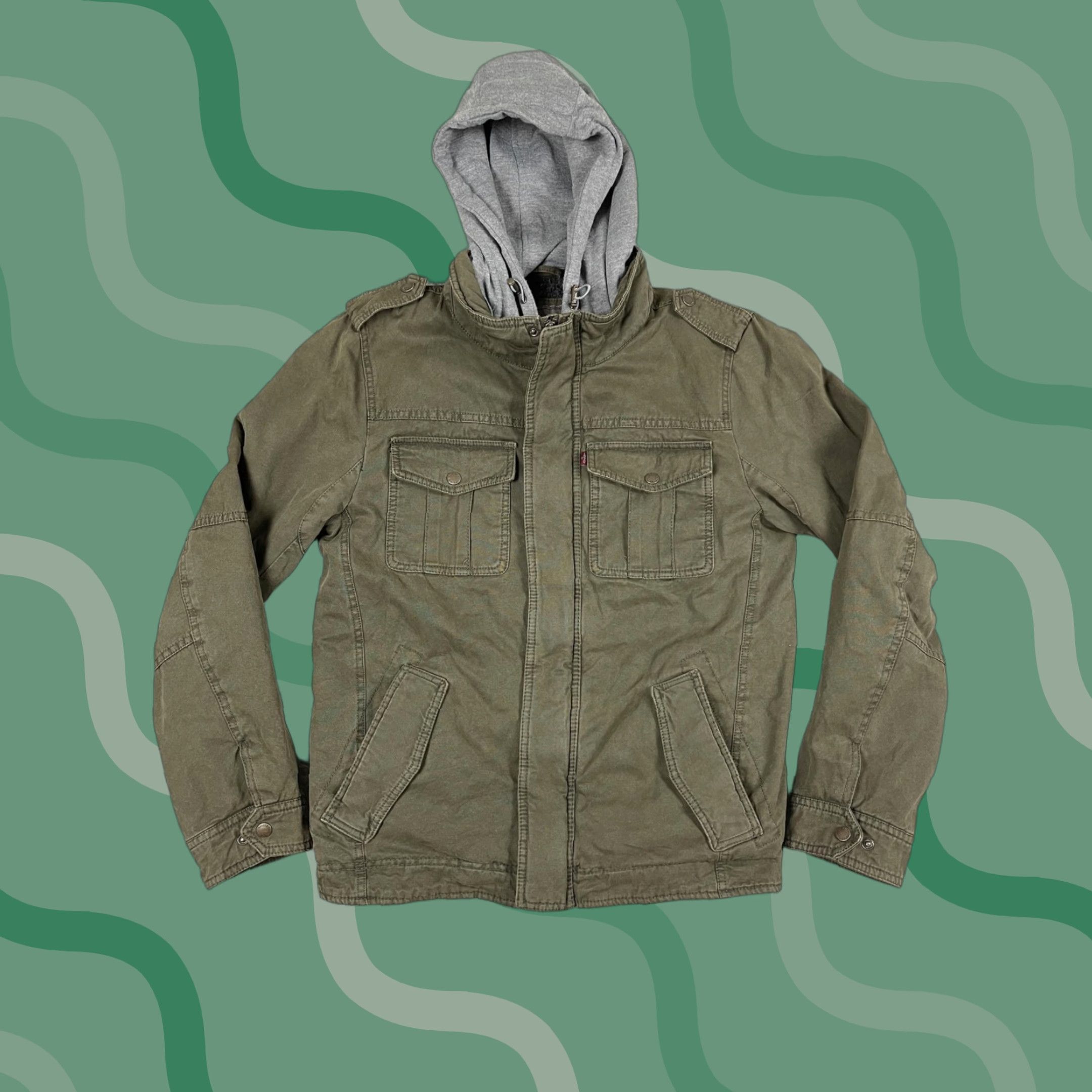 Levis Jacket Mens Small Green Military Canvas Faux Fur Lined Hooded LM8KC364