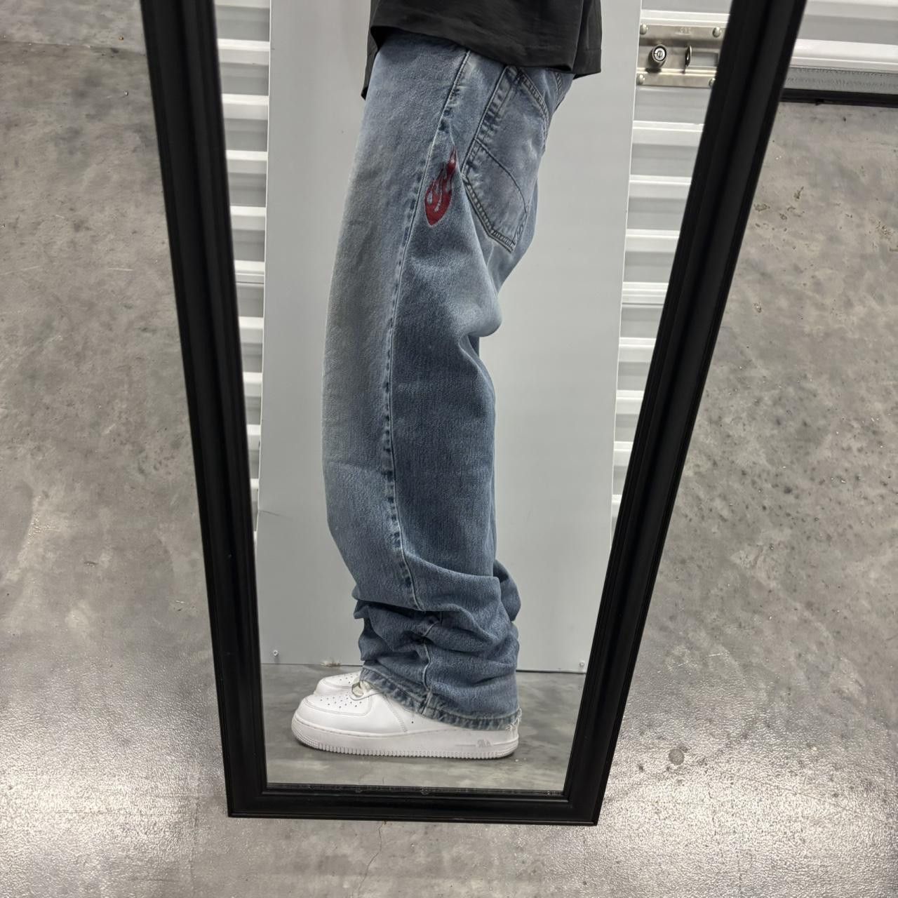 Japanese Brand × Vintage Crazy Vintage Y2K/2000s Baggy Faded Wash Embroidered Flames Skater Denim Jeans! Size US 32 / EU 48 - 2 Thumbnail
