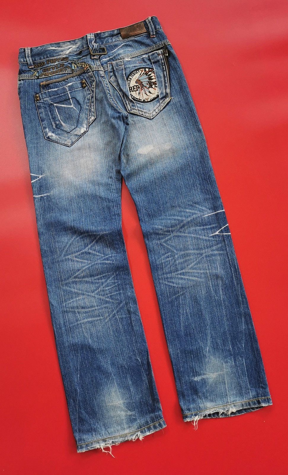 If Six Was Nine Red Pepper Red Indian Embroidery Denim Jeans Size US 32 / EU 48 - 4 Thumbnail