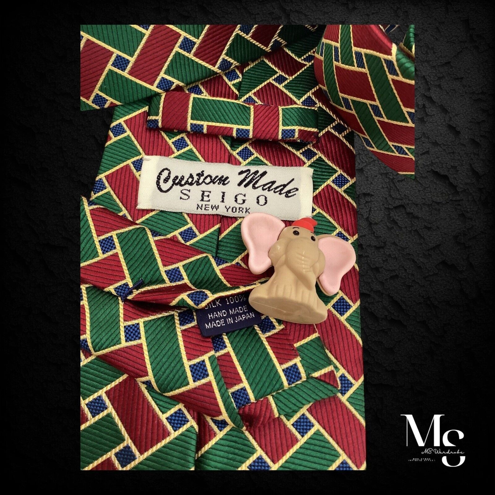 Other SEIGO NEW YORK Green Red Geometric Silk Tie Hand Made In Jap Size ONE SIZE - 4 Thumbnail