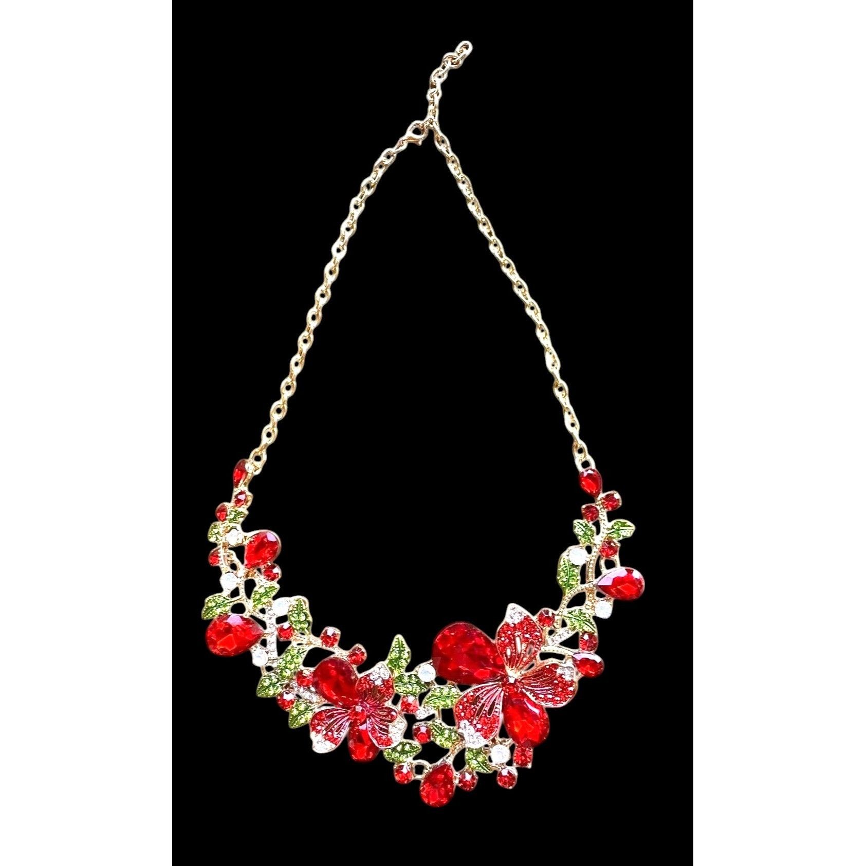 Handmade Red Floral Crystal Necklace Earrings Set New Christmas Jewel Size ONE SIZE - 9 Thumbnail