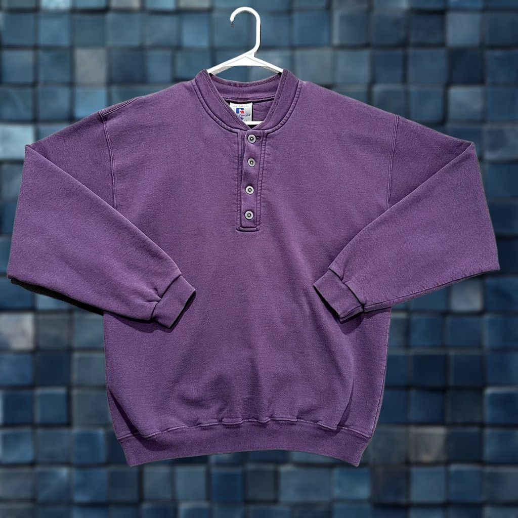 VINTAGE Russell Athletic Sweatshirt Men S Purple Henley Pullover USA Shirt Regular S Purple USA Henley Fits Men