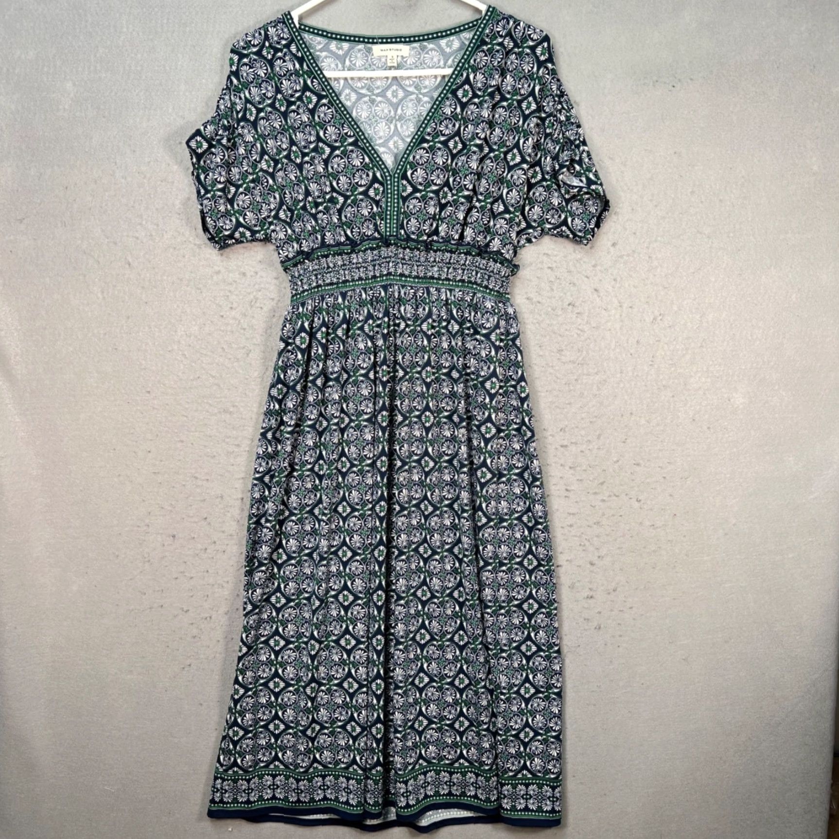 Vintage Max Studio Womens Small Green & White Printed Empire Waist Midi Dress - Sleeveless, V-Neck, A-Line, Polyester, Green, Gap? Size S / US 4 / IT 40 - 2 Thumbnail