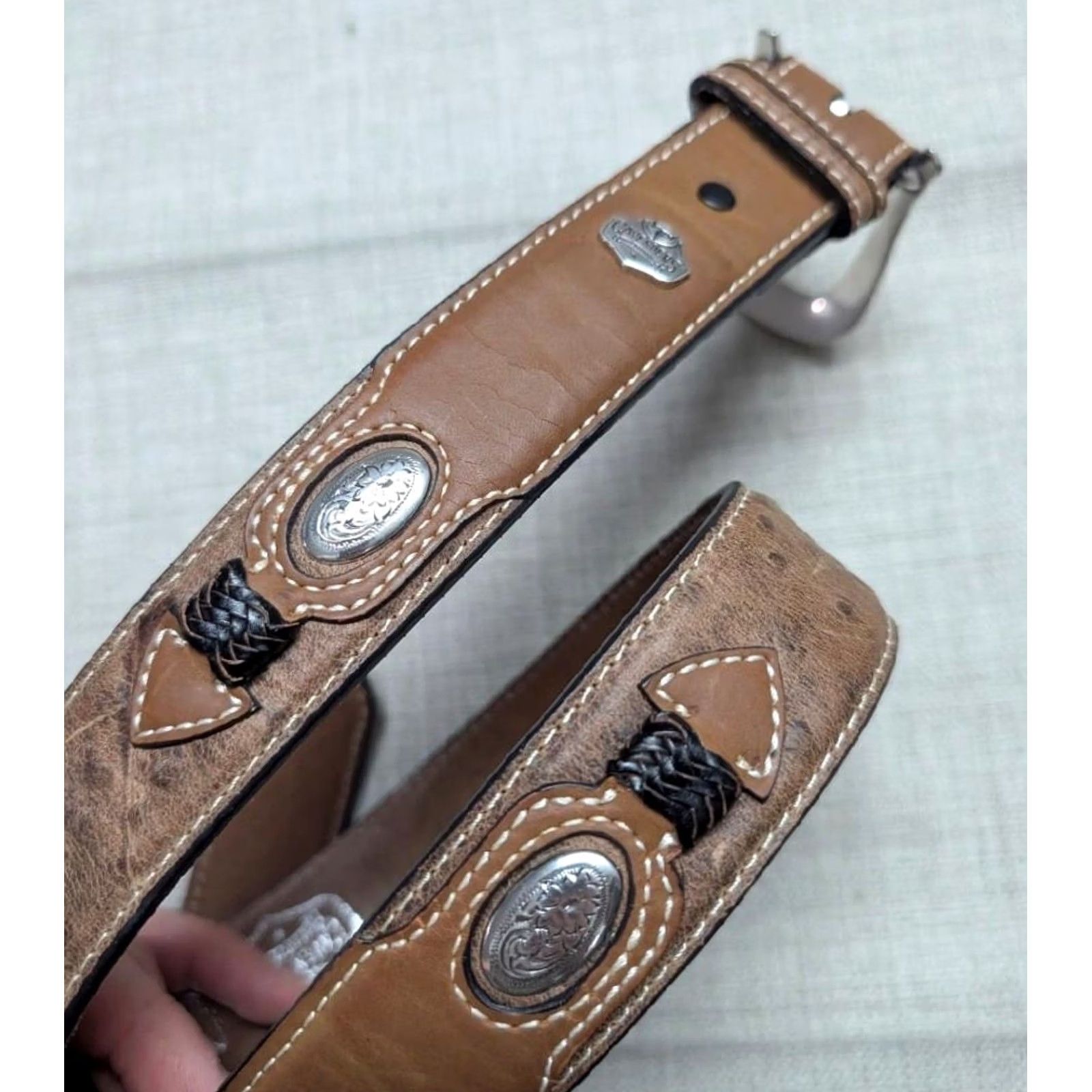 Vintage VINTAGE Cavender's Western Belt Ostrich Print Leather 32 Brown Concho Buckle Men Belt Size 32 - 2 Thumbnail