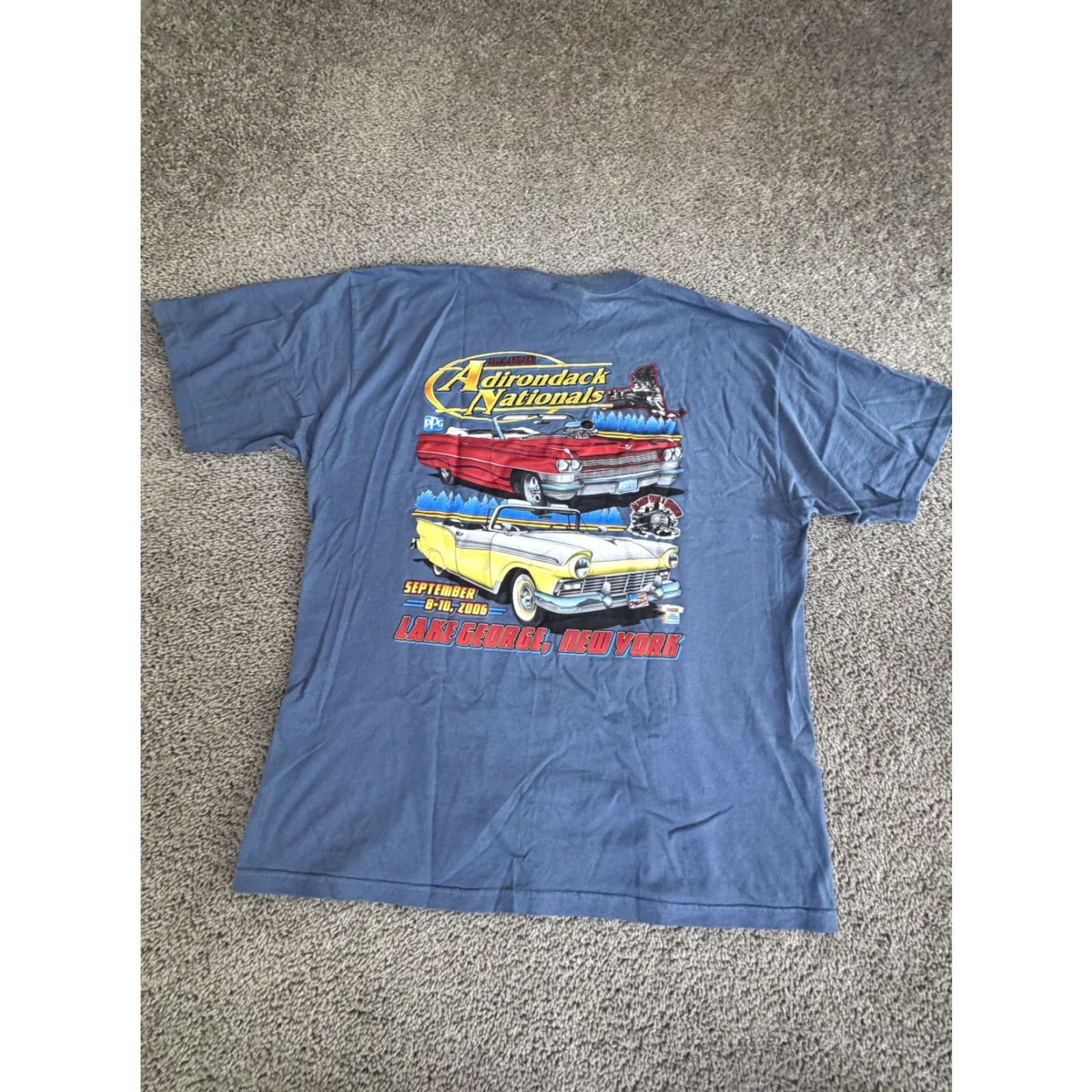 Gildan VINTAGE Adirondack Nationals Shirt Mens XL Blue 2006 Lake George Muscle Cars Graphic Print Crew Neck Short Sleeve Heavyweight Preshrunk Cotton T-Shirt Size US XL / EU 56 / 4 - 2 Thumbnail