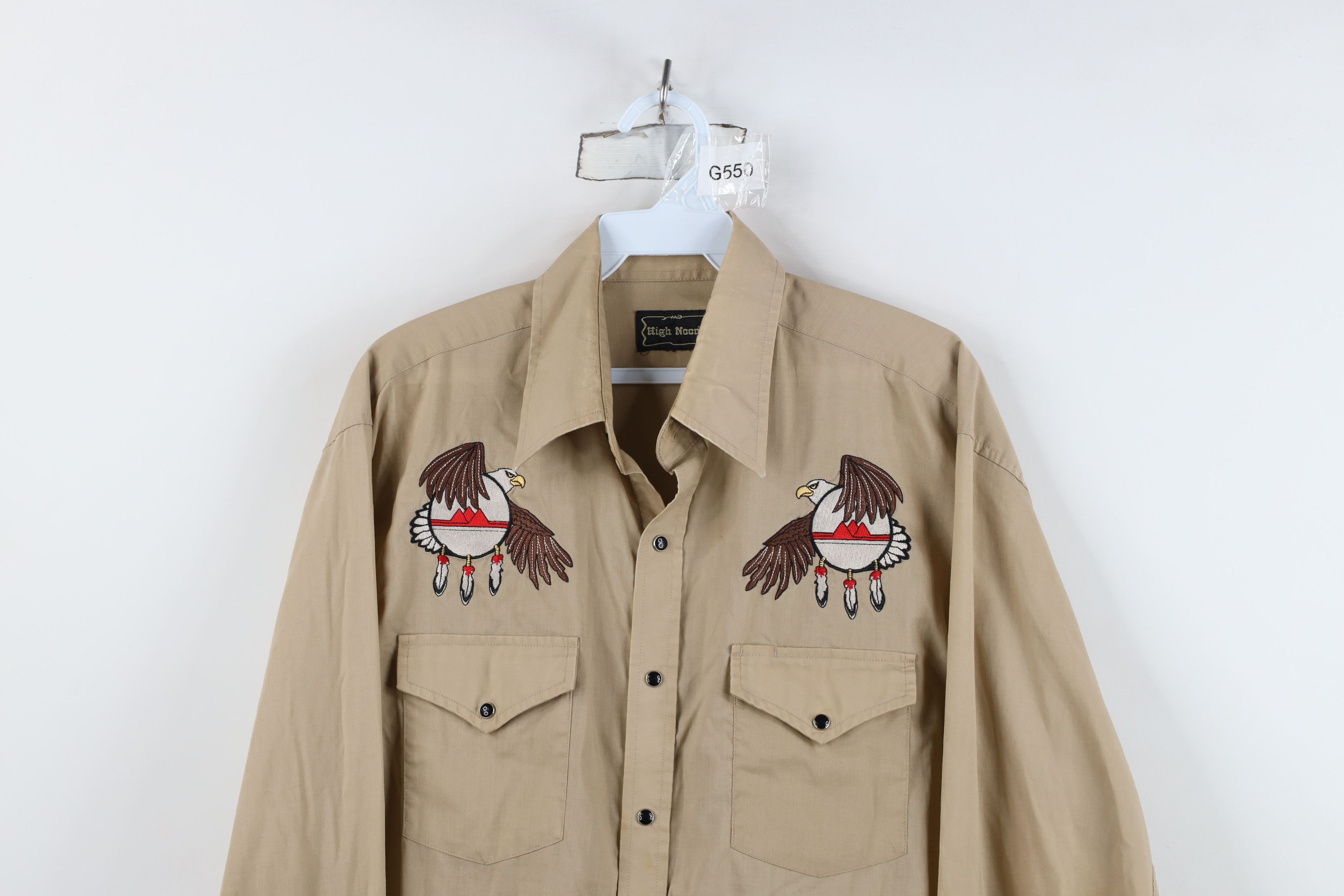 Vintage Vintage 70s Rockabilly Eagle Feather Snap Button Shirt Beige Size US L / EU 52-54 / 3 - 2 Thumbnail