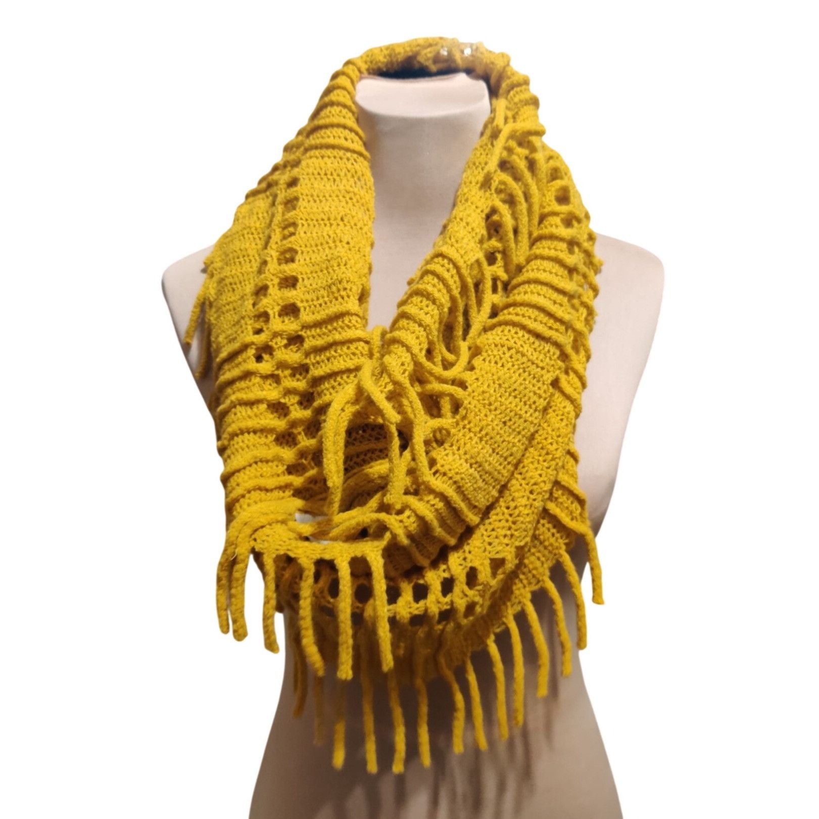 Other Anna & Ava Mustard Yellow Crochet Fringe Infinity Scarf Open Size ONE SIZE - 2 Thumbnail