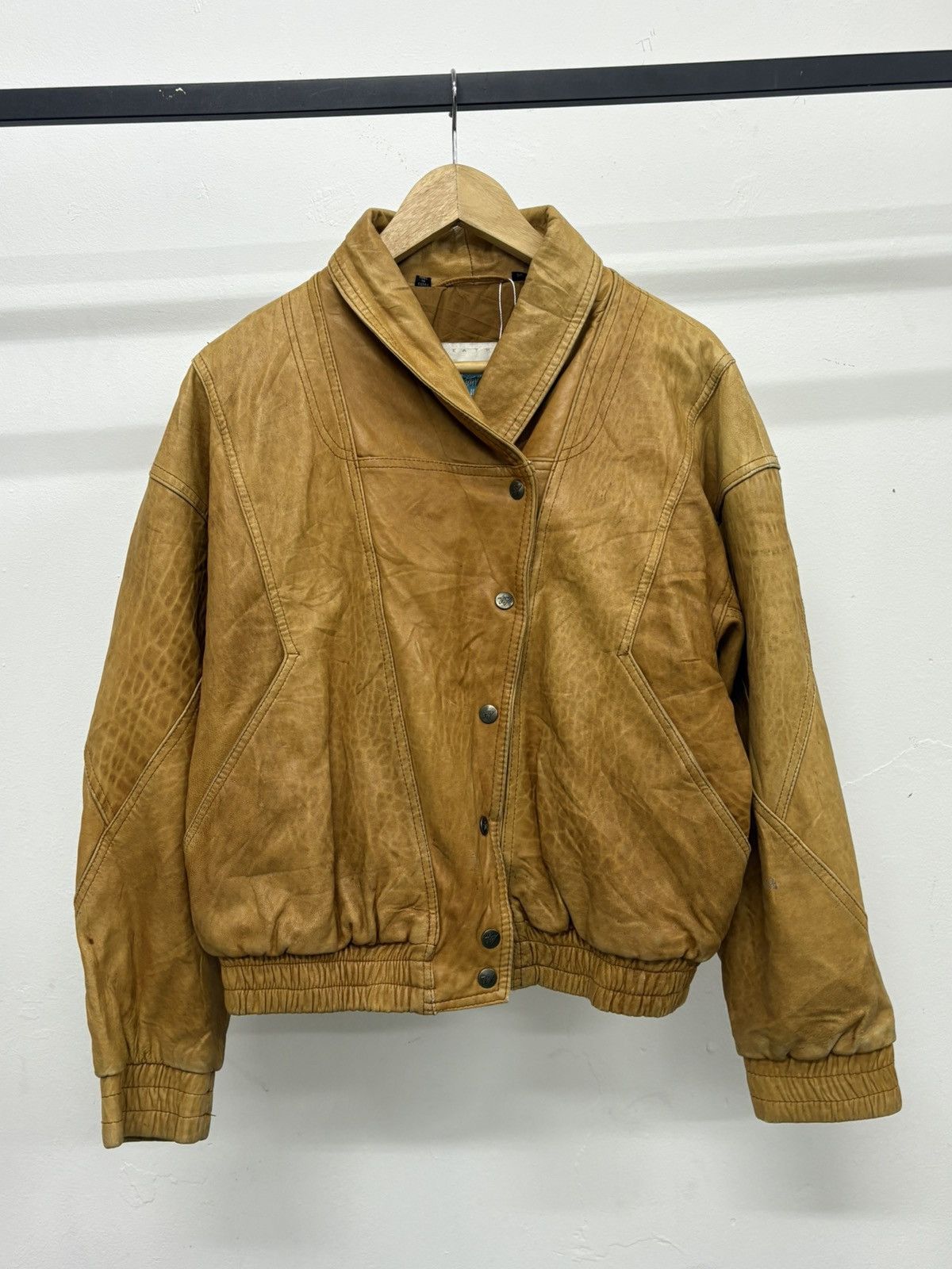 Rare Vintage 80s Patina Leather Bomber Jacket Double Collar