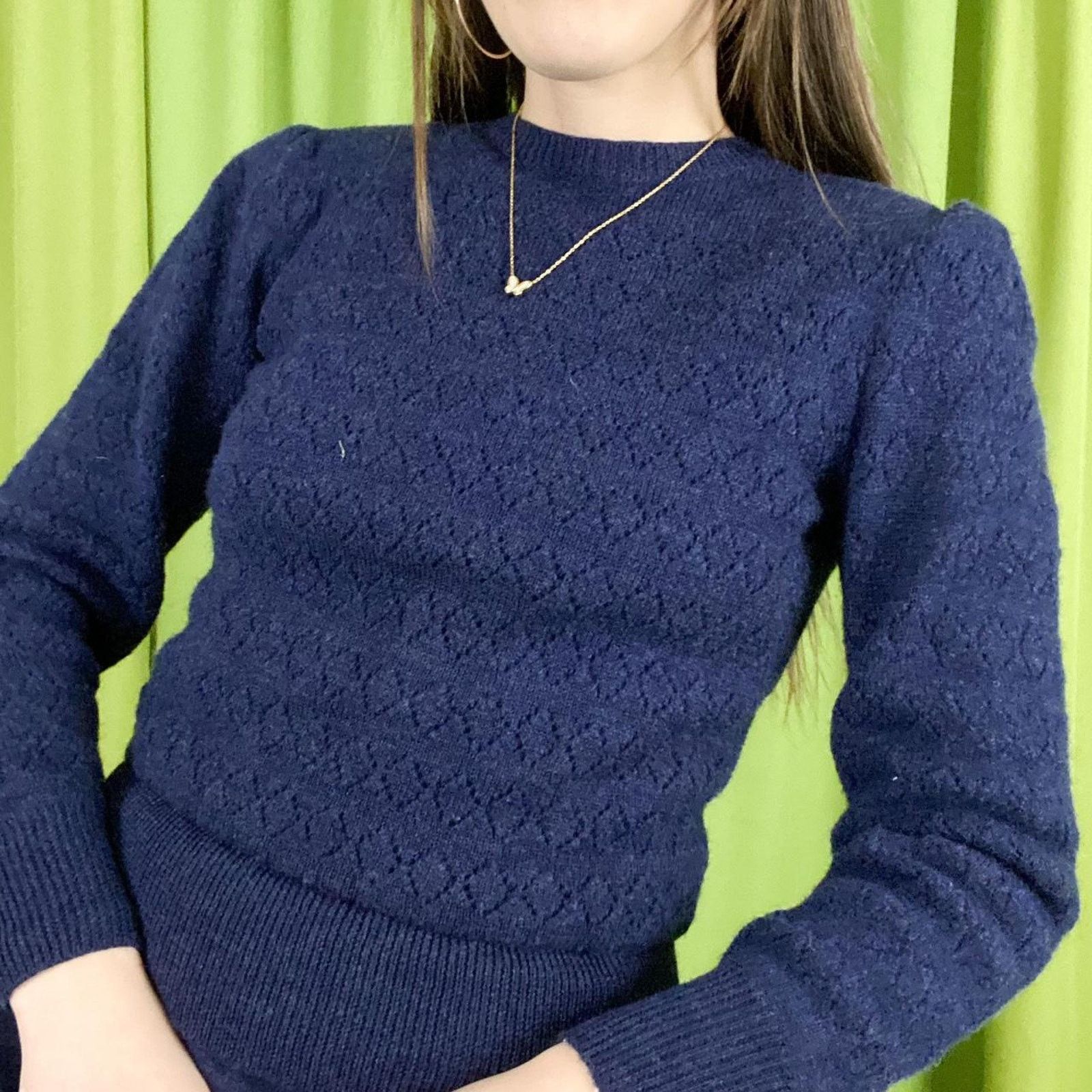 Vintage 80s Vintage Navy Blue Wool Knit Peplum A-Line Sweater Dress Size M / US 6-8 / IT 42-44 - 2 Thumbnail