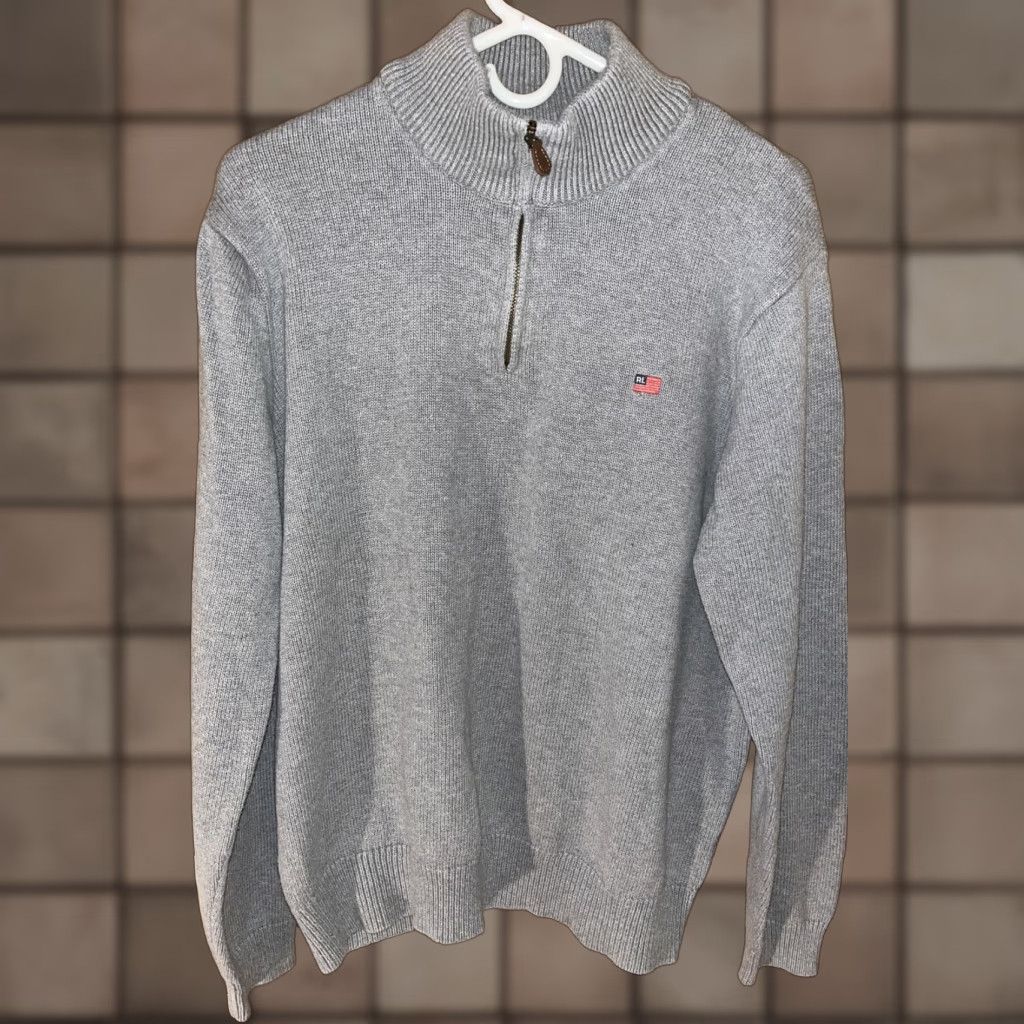 Polo Ralph Lauren VINTAGE Polo Ralph Lauren Men’s Sweater 1/4 Zip Flag Gray Cotton Long Sleeve Casual Winter Summer Fall Spring L Size US L / EU 52-54 / 3 - 1 Thumbnail