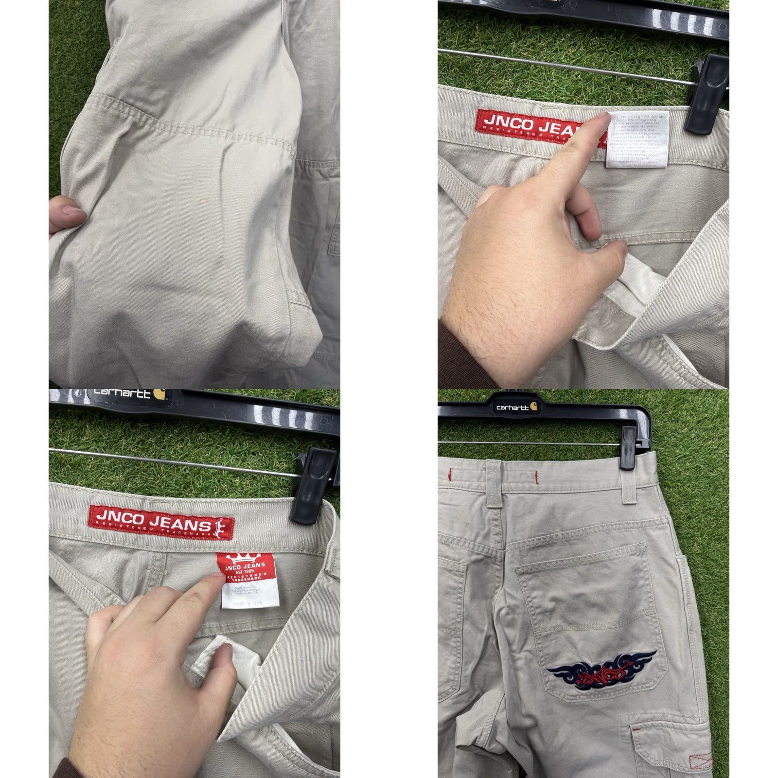 JNCO JNC O Jeans Cargo Pants Mens 34x32 Khaki Wide Embroidered Skater 90s Y2K Beige Cargo Pants Mens Regular 34 32 Pocket Embroidered Logo Vintage Jeans Size US 34 / EU 50 - 8 Thumbnail