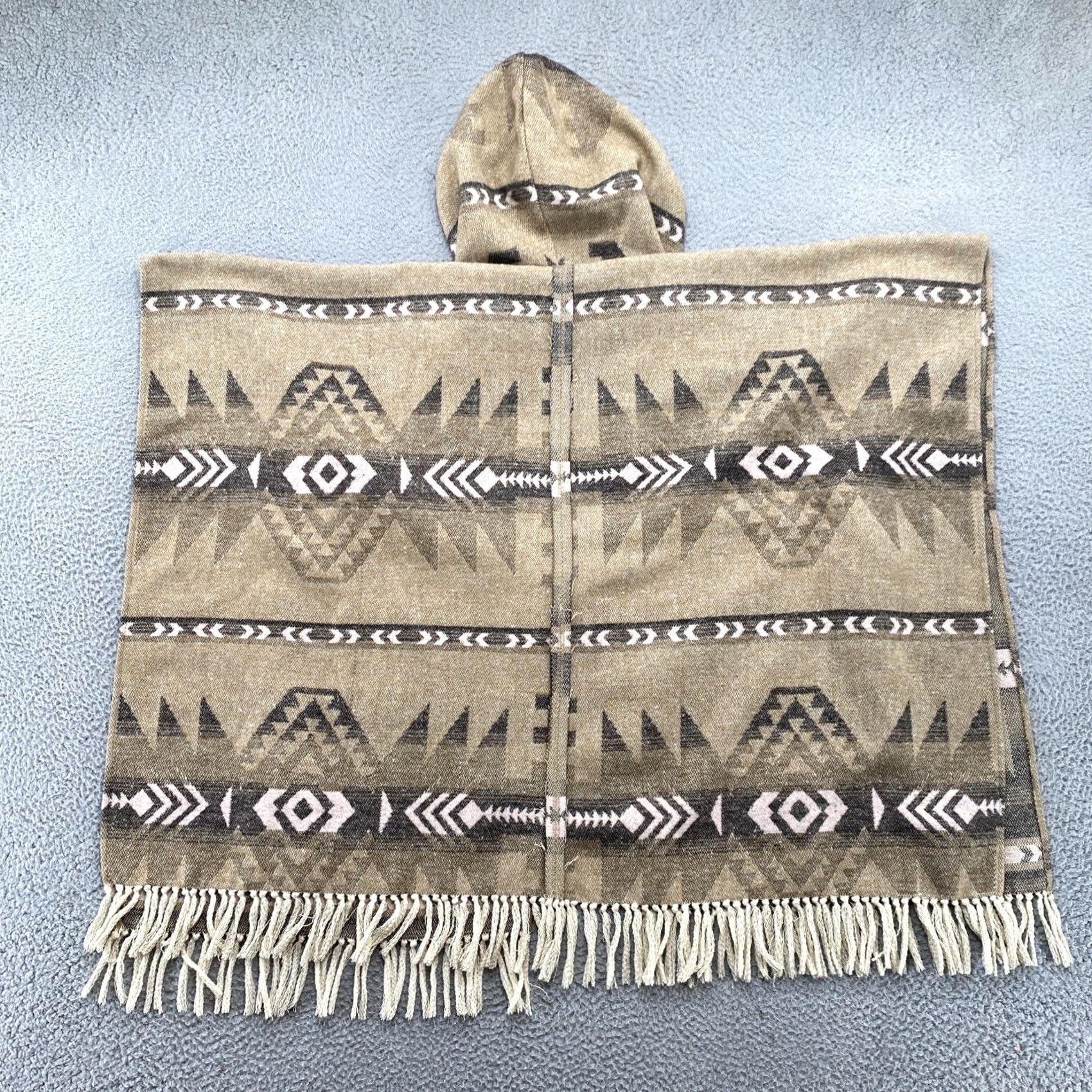 Vintage Artisan Crafted Democracy Hooded Poncho - Brown Fringe Aztec Southwest Size Small Size ONE SIZE - 6 Thumbnail