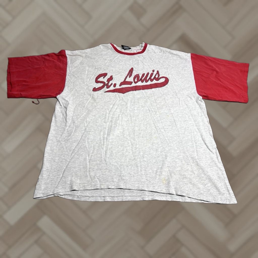VINTAGE Signal Sports St Louis T-Shirt Men 2XL Gray 90s Baseball Cardinals Short Sleeve Crew Neck Graphic Print