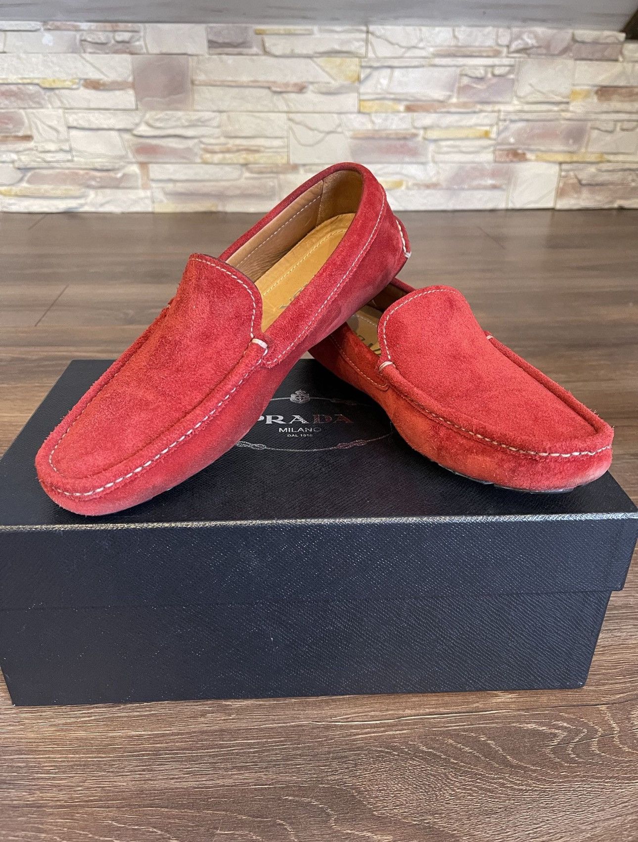 Prada Suede Logo Driving Loafers Shoes Vintage Miu Miu Boots in Red, Men's (Size 8)