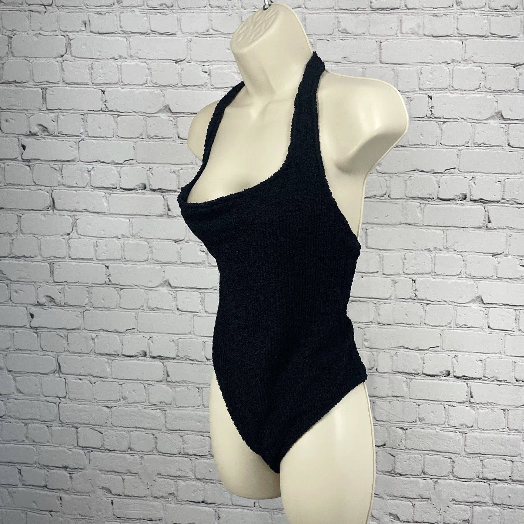 Mango MNG Swimwear Collection Black One Piece Cheeky Halter Lined Solid Ruffle Fitted Regular S Women Beach 90s? Size ONE SIZE - 4 Thumbnail