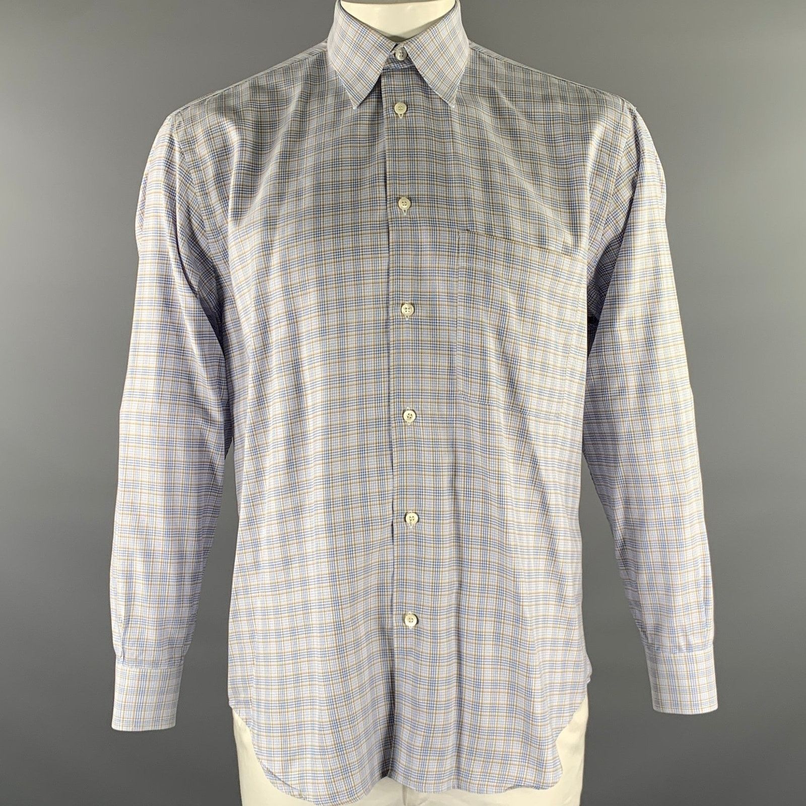 Brioni BRIONI Size M Blue Tan Plaid Cotton Long Sleeve Shirt Size US M / EU 48-50 / 2 - 1 Thumbnail