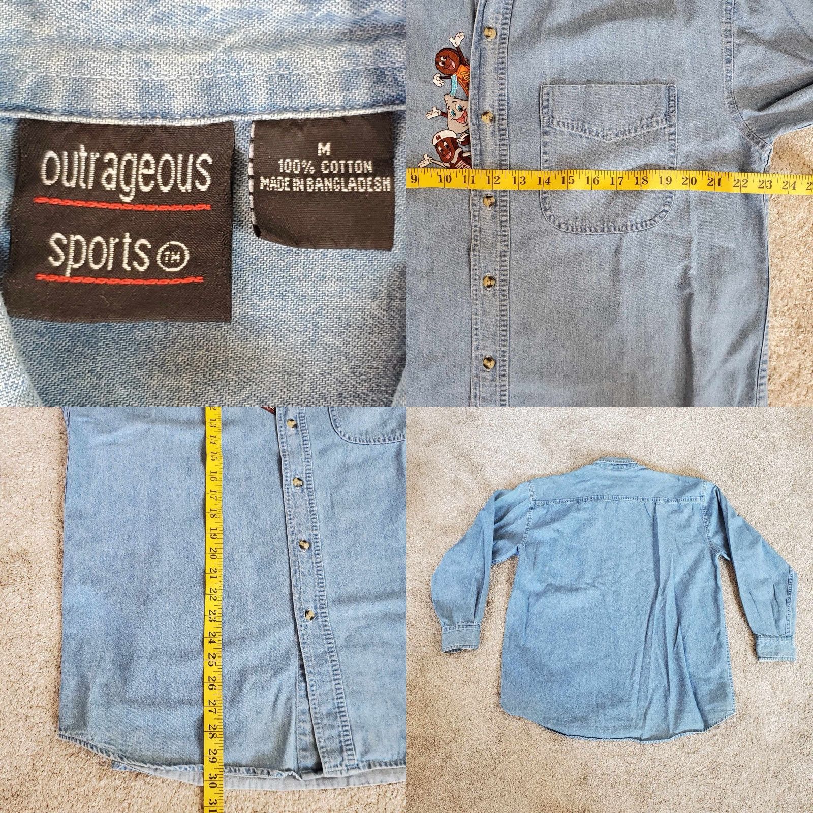 Denime VINTAGE Outrageous Sports Denim Button-Down Shirt Men Long Sleeve Embroidered Blue M Adjustable Collar-Down Casual Sports Theme Mens Size US M / EU 48-50 / 2 - 8 Thumbnail