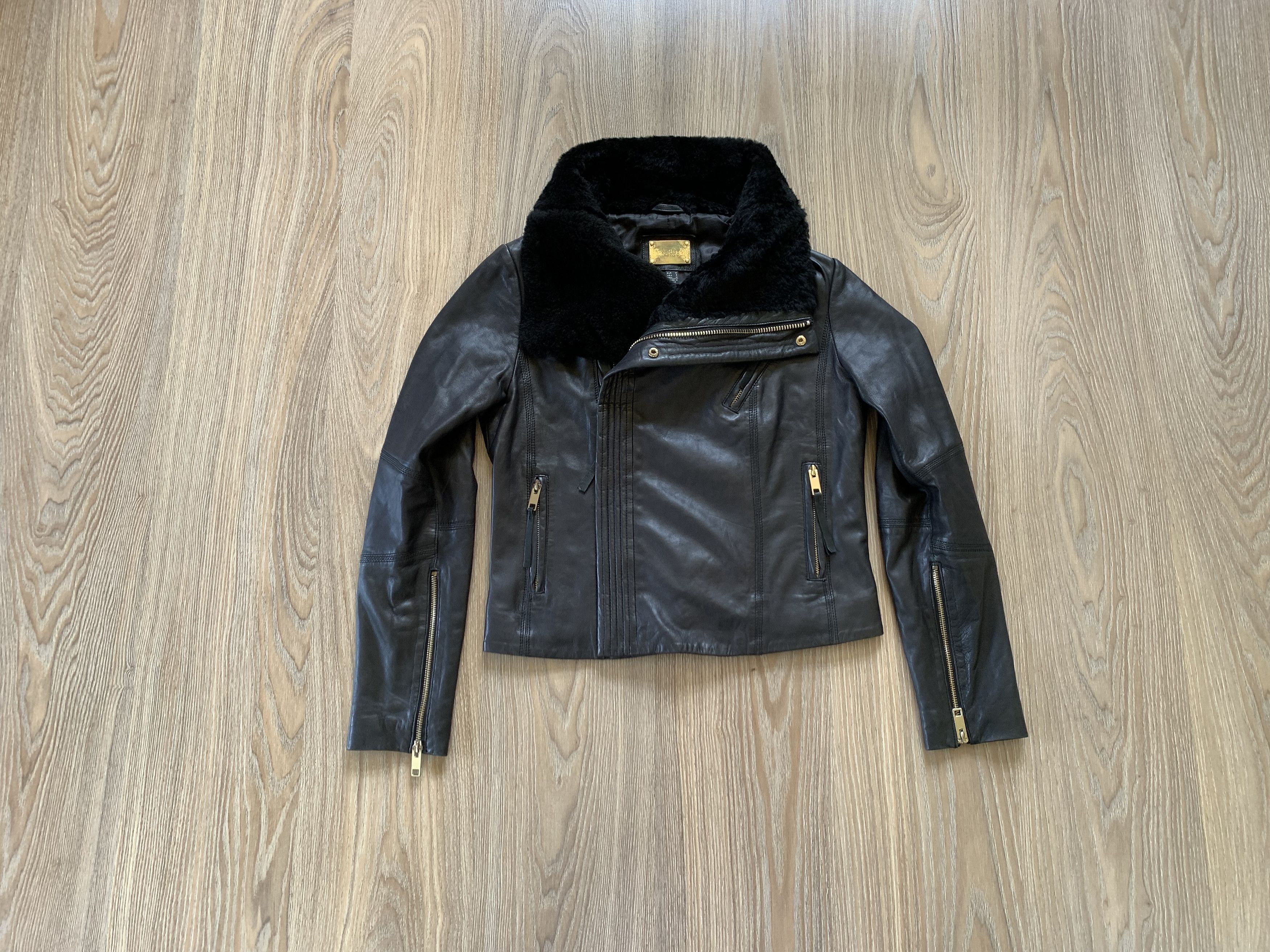 Mango Black Leather Biker Jacket With Fur