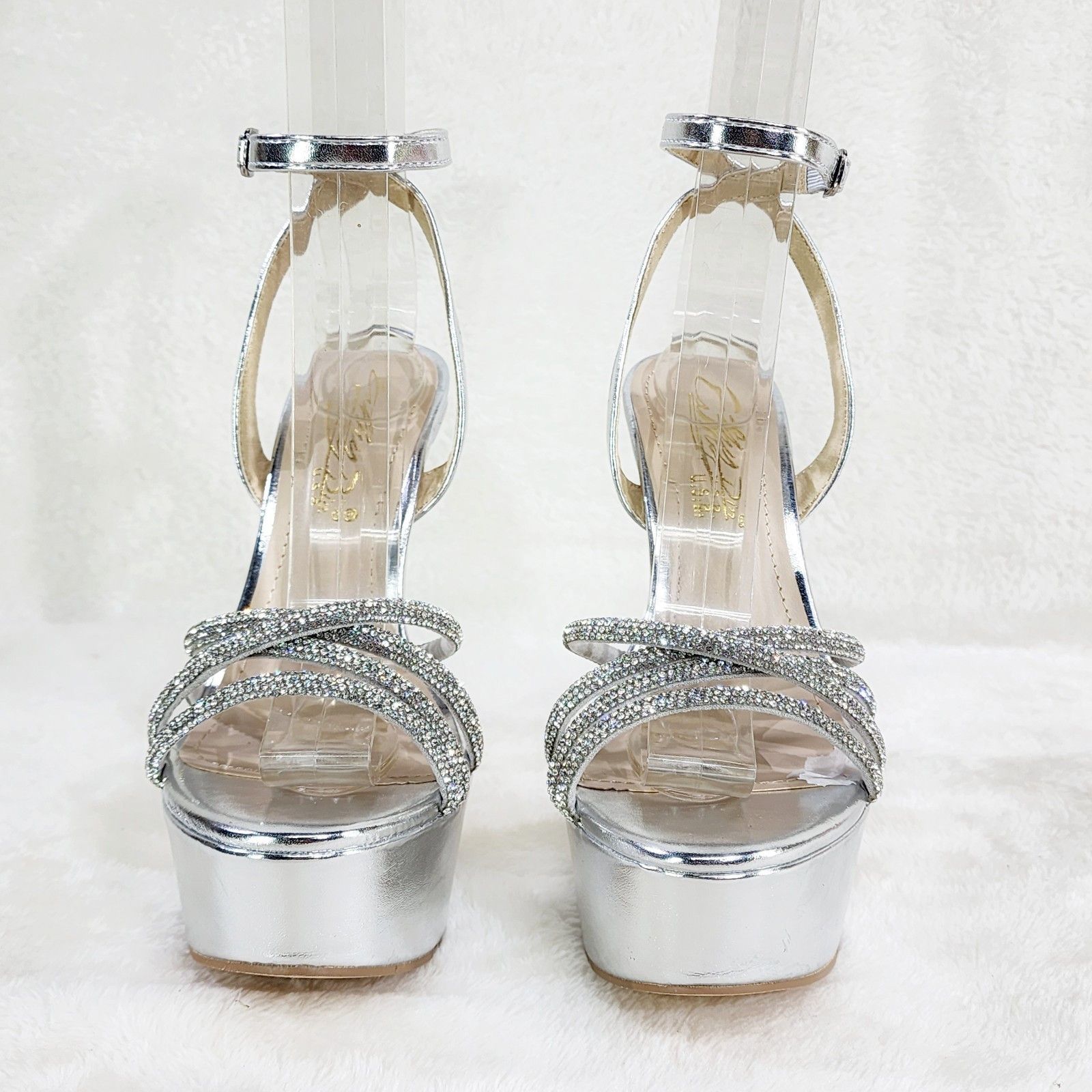 Other Silver Platform 6" High Heels Ankle Wrap Shoes Rhinestones Size US 8 / IT 38 - 4 Thumbnail