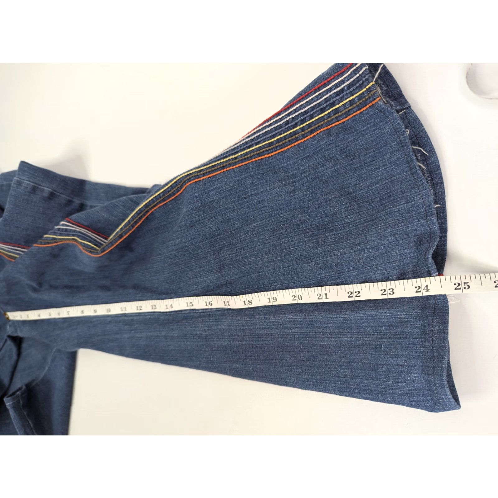 Vintage Fervour Jeans Womens Flared High Rise Denim 31/13 13 Blue Rainbow Hippie Baggy Embroidered Logo USA Size 34" / US 12 / IT 48 - 5 Thumbnail