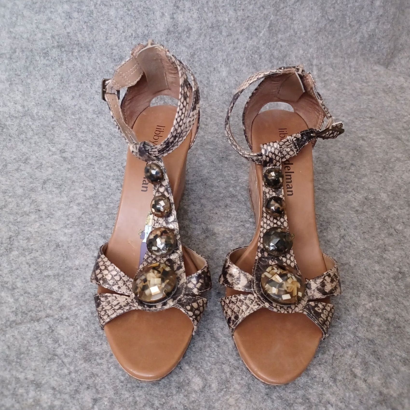Skin Libby Edelman Sandals Women 8.5 W Beige Brown Faux Snake Skin Wedge Ankle Strap Size US 9 / IT 39 - 3 Thumbnail