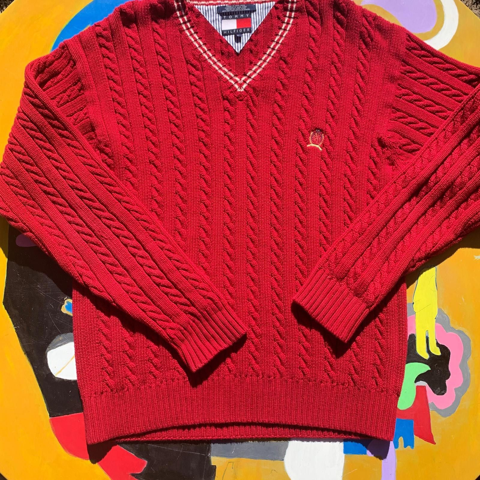 Tommy Hilfiger Tommy Hilfiger Red Cable Knit V-Neck Sweater XL Size ONE SIZE - 1 Thumbnail