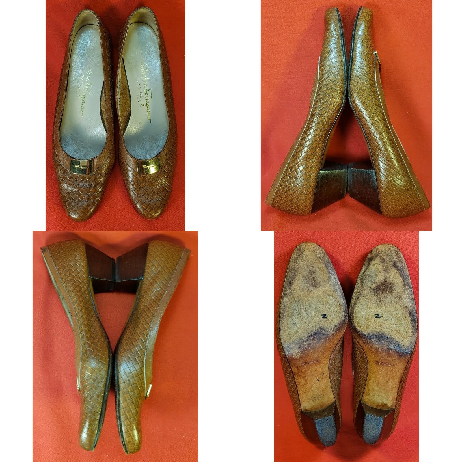 Salvatore Ferragamo Salvatore Ferragamo Pumps Women's Brown Leather Woven Pattern Kitten Heel 1.25" AA 7.5 US/38 EU 5.5 UK Size US 8 / IT 38 - 8 Thumbnail
