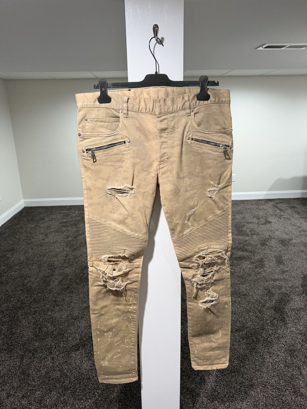 Balmain Balmain Biker Biege Desert Camo Moto Denim Pants Size US 33 - 1 Thumbnail