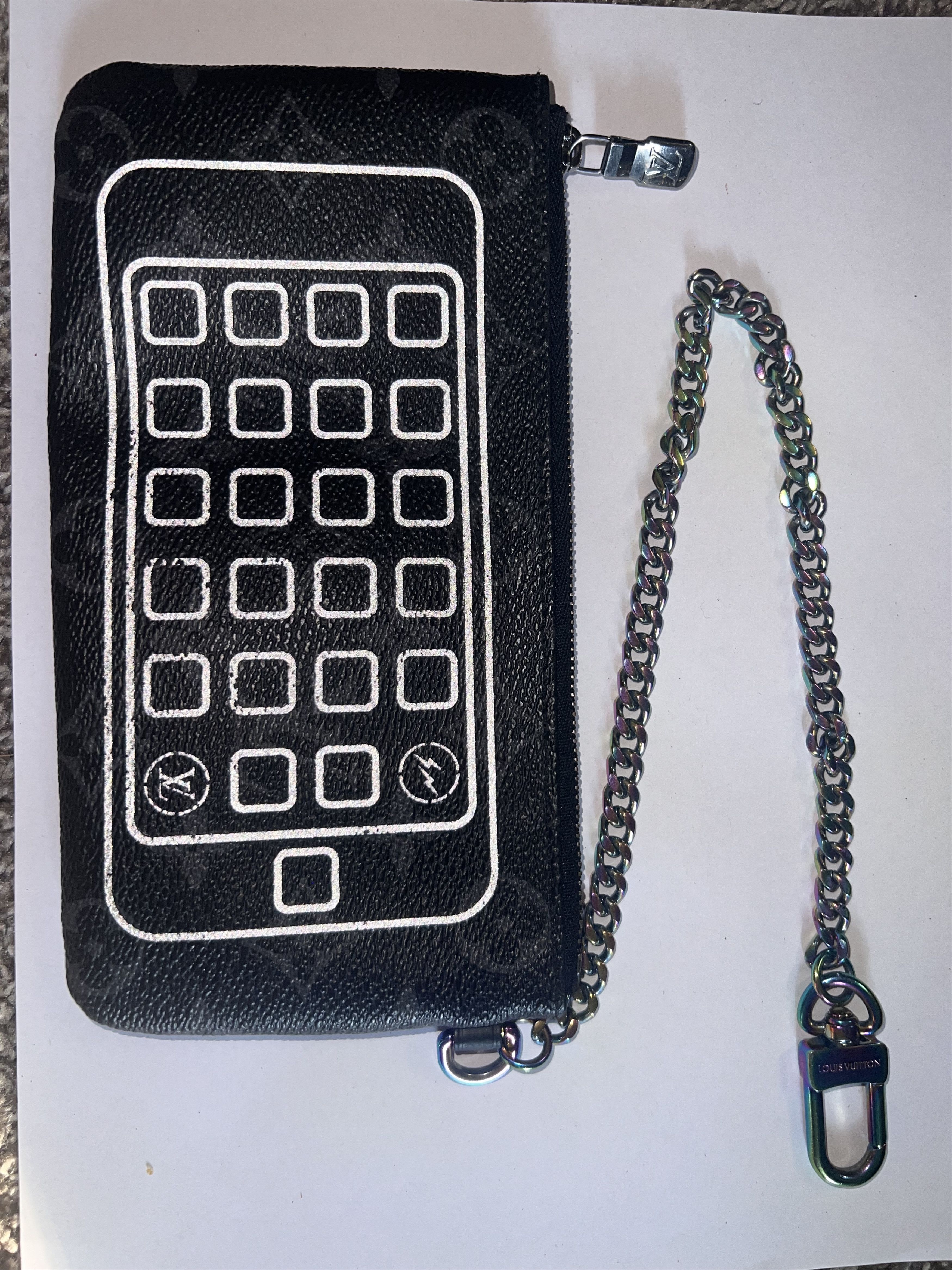 image of Luis Vuitton X Fragment Iphone Chain Wallet in Black Gray, Women's