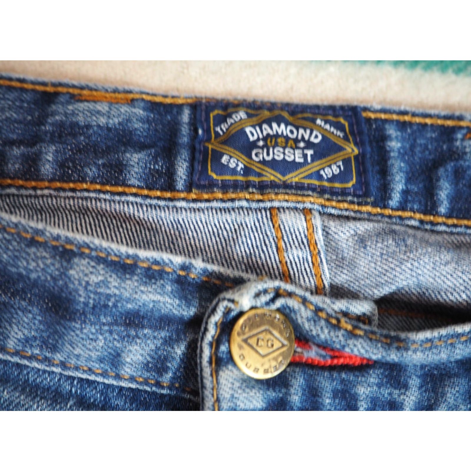 Denime VTG 90s Diamond Gusset Jeans Blue Denim 36x32 - Straight Leg - Faded Distressed Rockabilly USA 36 Mens Womens Boys Girls Size US 36 / EU 52 - 7 Thumbnail