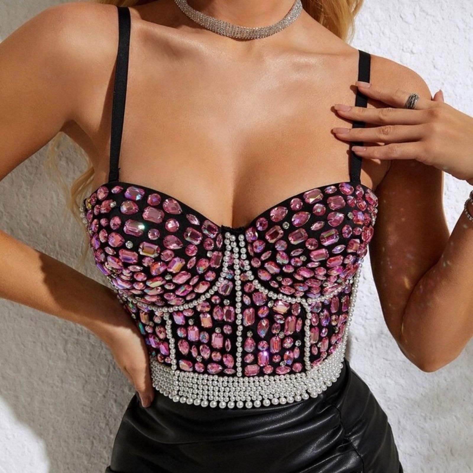 Other New Black and Pink with Pearls Embellished Corset Size S. Size S / US 4 / IT 40 - 5 Thumbnail