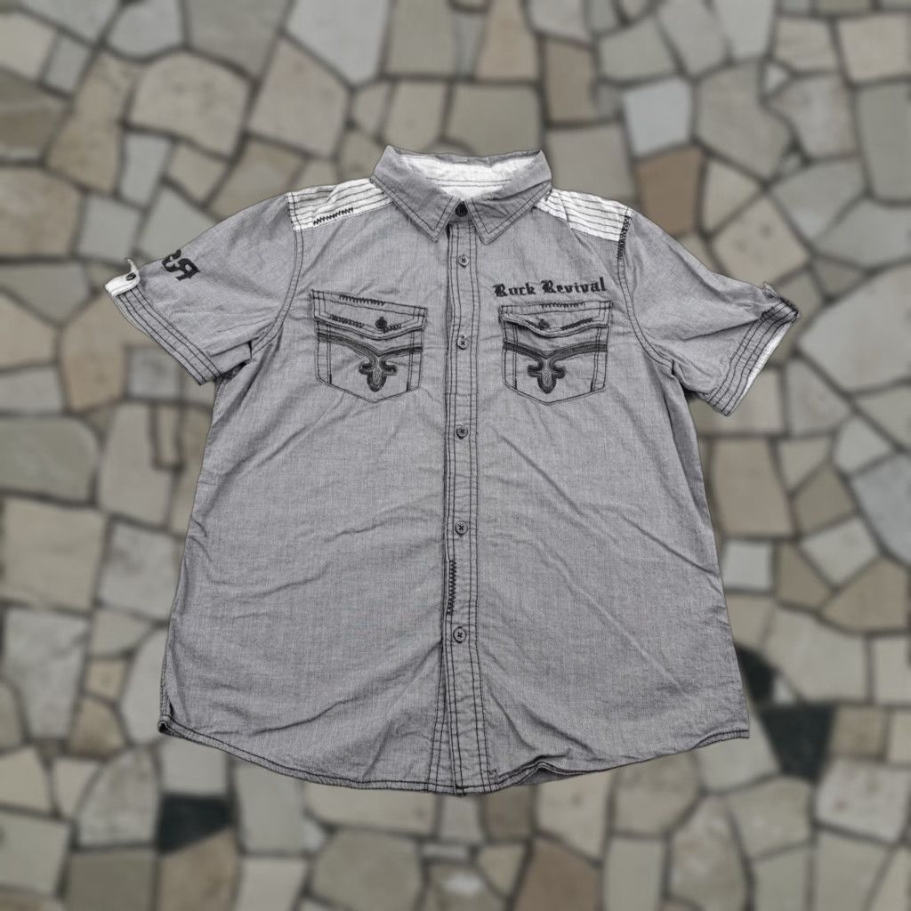 Vintage Rock Revival Shirt Mens Small Gray Button-Up Short Sleeve Embroidered Roll Tab Size US S / EU 44-46 / 1 - 1 Thumbnail