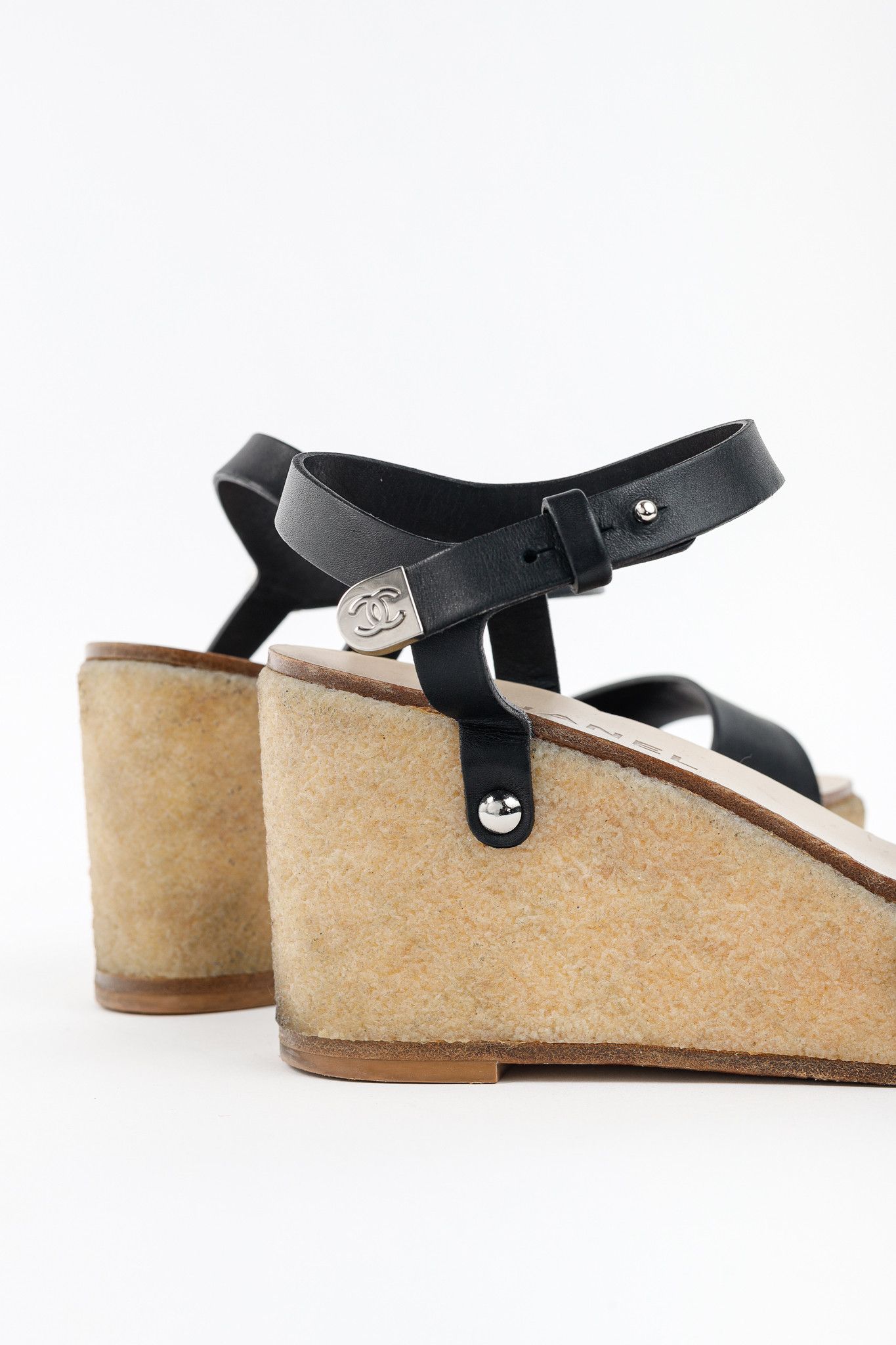 Chanel Chanel Black Leather Platform Wedge Sandals Size US 4 / IT 34 - 7 Thumbnail