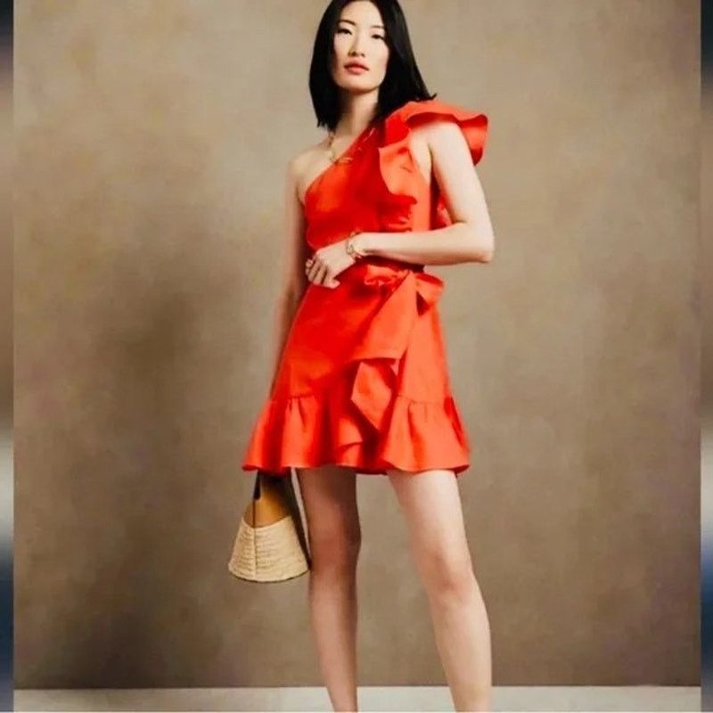 Banana Republic one shoulder ruffled linen dress 10 orange