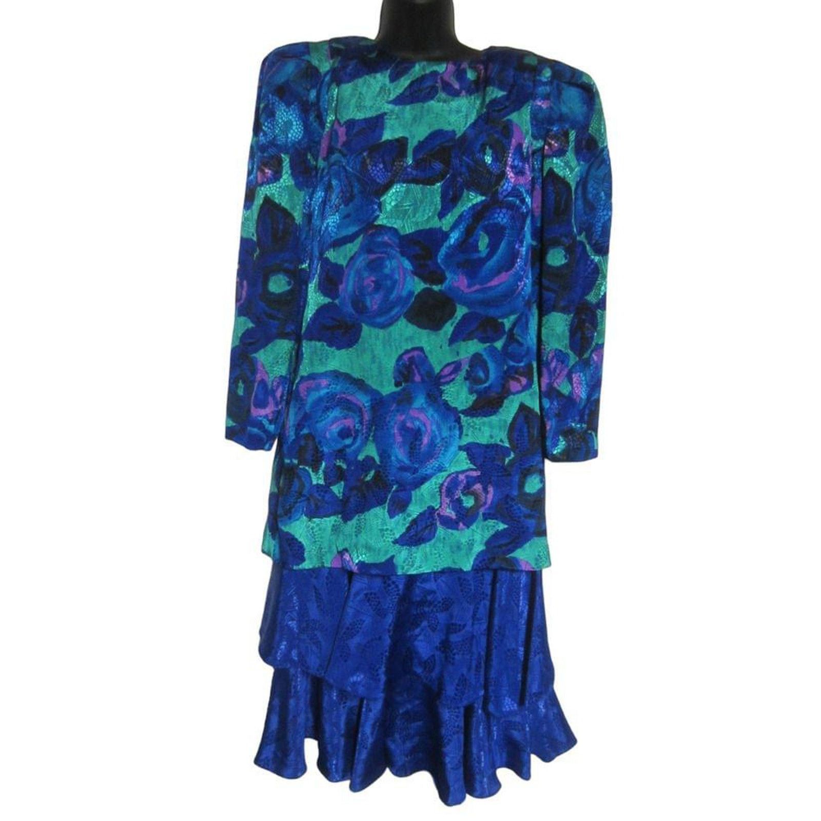 Vintage Vintage 80s Metallic Floral Party Dress Blue Green 8 Size M / US 6-8 / IT 42-44 - 2 Thumbnail