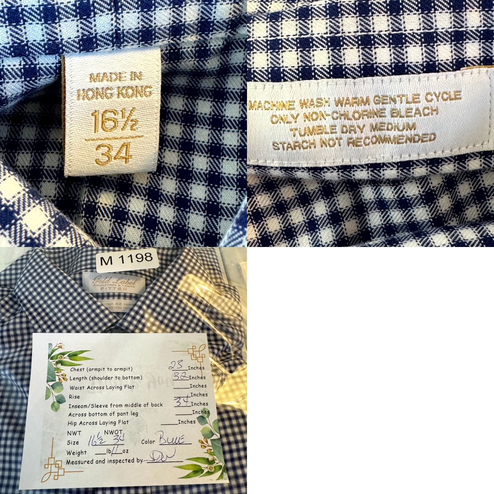 Roundtree & Yorke Gold Label Dress Shirt Blue Check 100% Cotton 16.5×34 Fitted Long Sleeve Button-Down Collar Mens Regular Shirt Size 46R - 9 Thumbnail