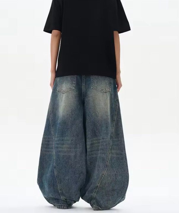Jean Blue Washed Wide Leg Denim Jeans, Oversized Jeans Size US 27 - 4 Thumbnail