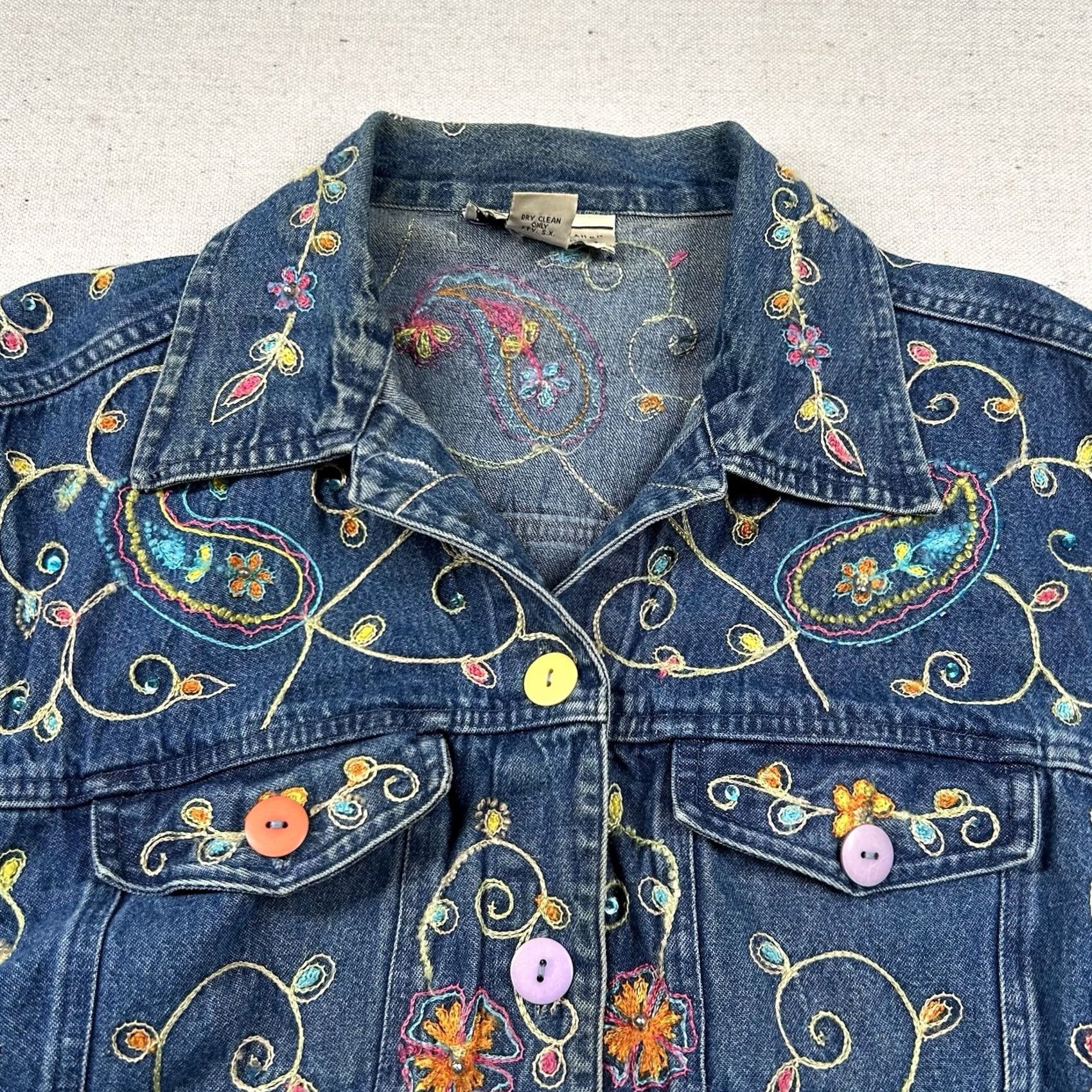 Denime Carrie Allen Womens M Denim Jacket All Over Embroidered Crochet Chain Stitch Blue Size M / US 6-8 / IT 42-44 - 3 Thumbnail