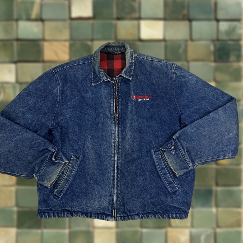 Vintage VINTAGE Sportsmaster Denim Jacket Plaid Lined Made In USA Men’s Large Kendall Motor Oil Jacket Blue Denim Cotton USA Men Jeans Coat Jacket Size US L / EU 52-54 / 3 - 1 Thumbnail