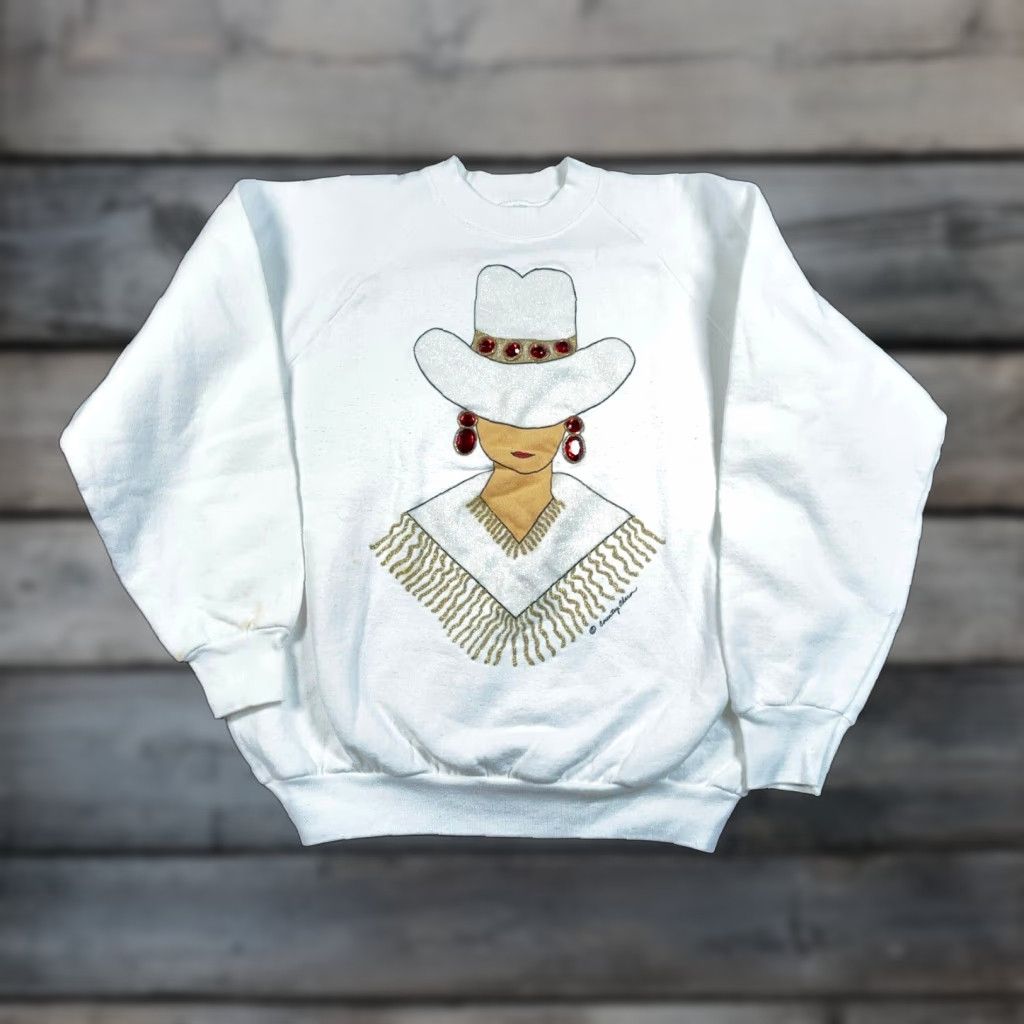 Fruit Of The Loom VINTAGE VTG Western Country Hat Lady Print Sweatshirt Adult Large White Bejeweled Size L / US 10 / IT 46 - 1 Thumbnail
