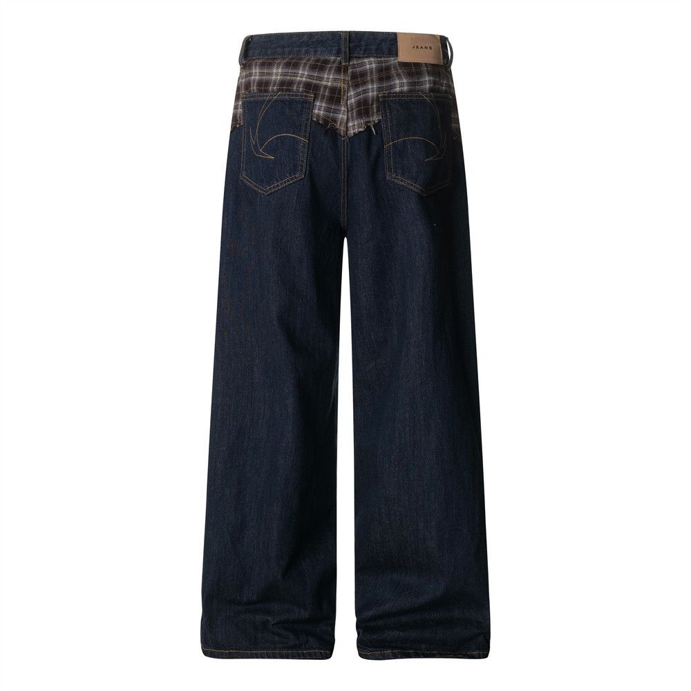 Men's Retro Faux Two-Piece Patchwork Plaid Jeans
