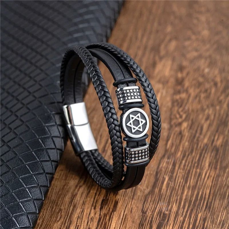 Other Hexagram Star of David Leather Bracelet Cuff Gift For Him Size ONE SIZE - 2 Thumbnail