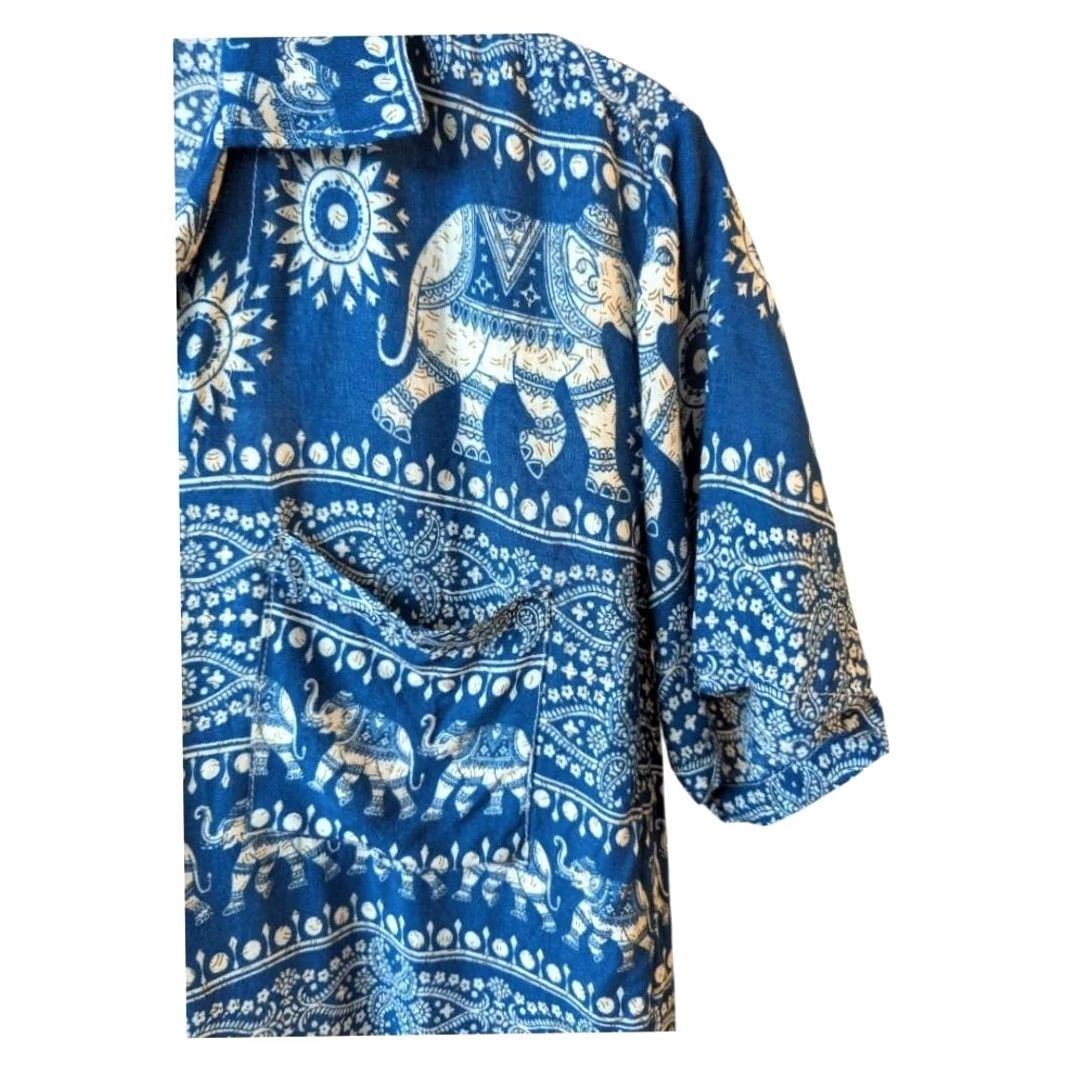 Vintage Cobalt Blue White Elephant Print Short Sleeve Button Up Camp Shirt Womens M Size M / US 6-8 / IT 42-44 - 5 Thumbnail