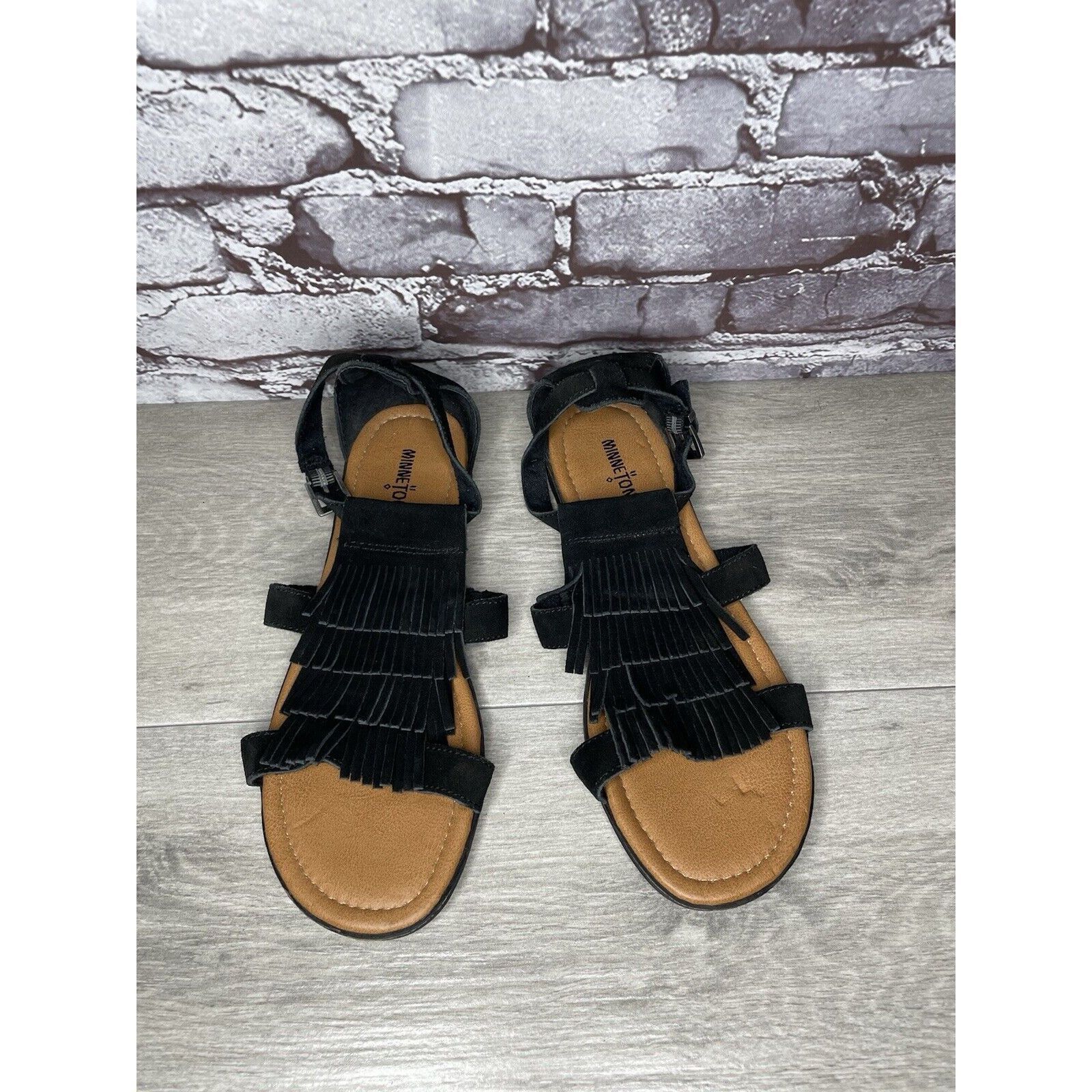Minnetonka Minnetonka Maui Ankle Strappy Fringe Flats 71302 Black Suede Size US 10 / IT 40 - 21 Thumbnail