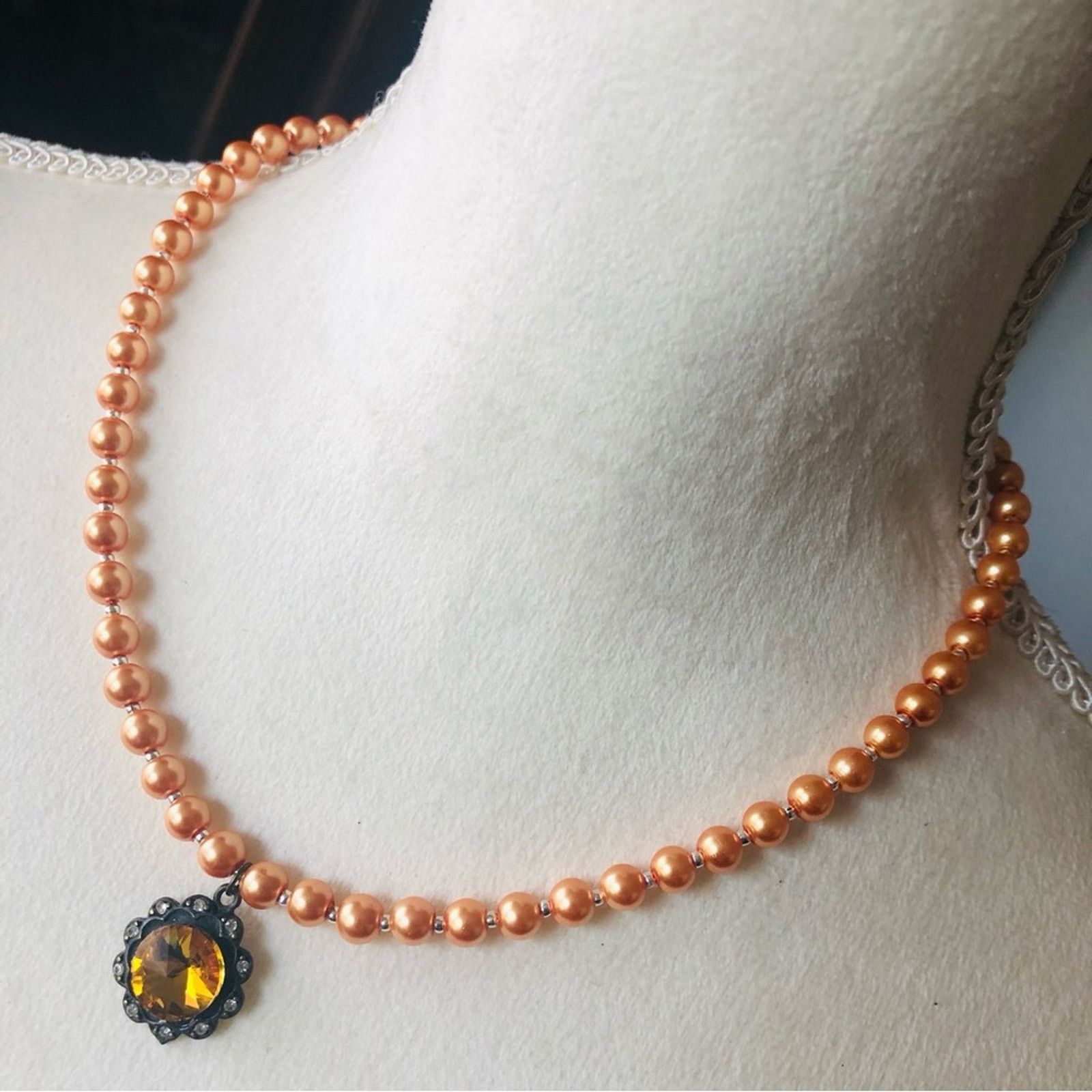 Handmade Handcrafted repurpose amber rivoli halo Pearl necklace Size ONE SIZE - 1 Thumbnail