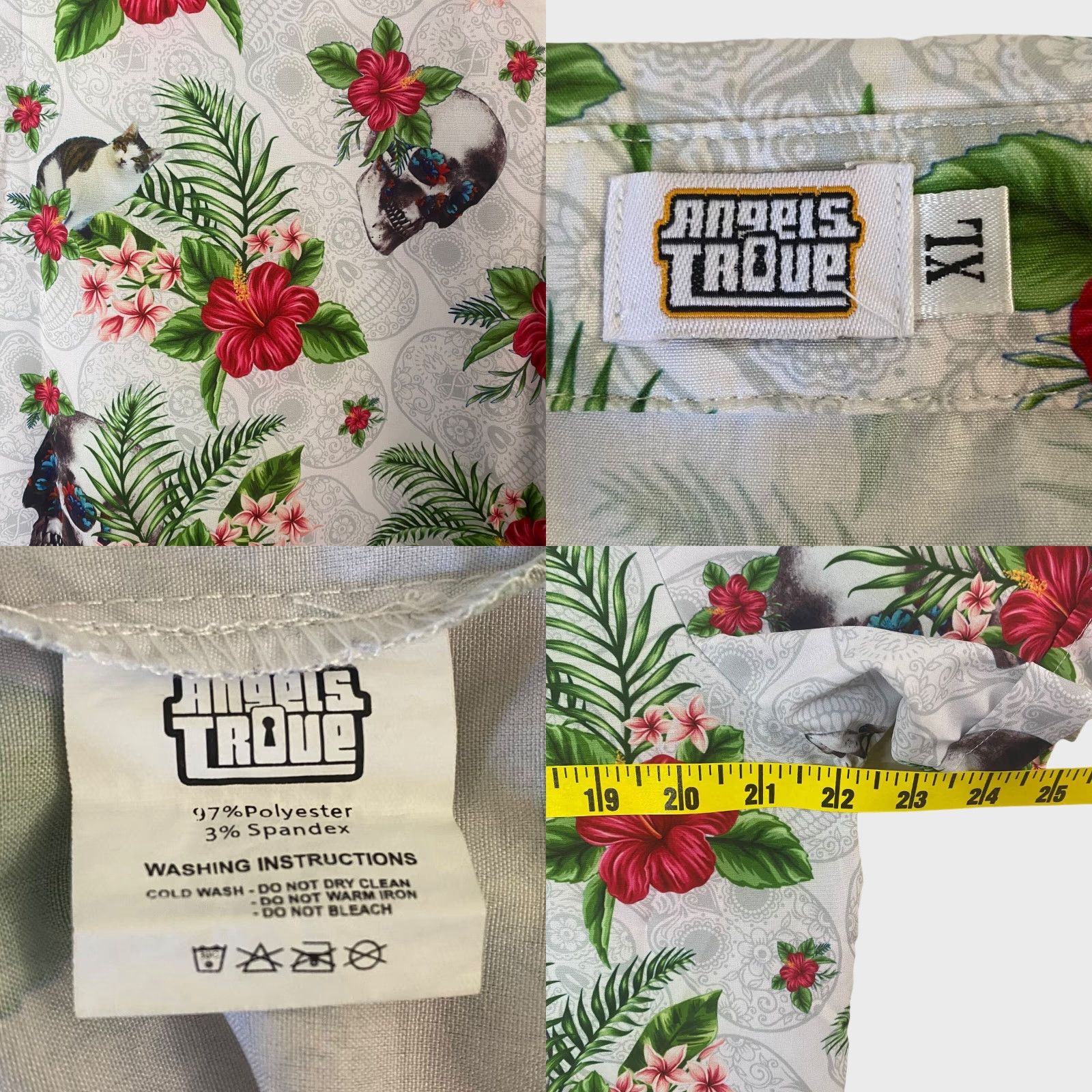 Vintage VINTAGE Angels Trove Button-Up Shirt Mens XL White Floral Skull Cat Print Hawaiian Shirt Size US XL / EU 56 / 4 - 8 Thumbnail