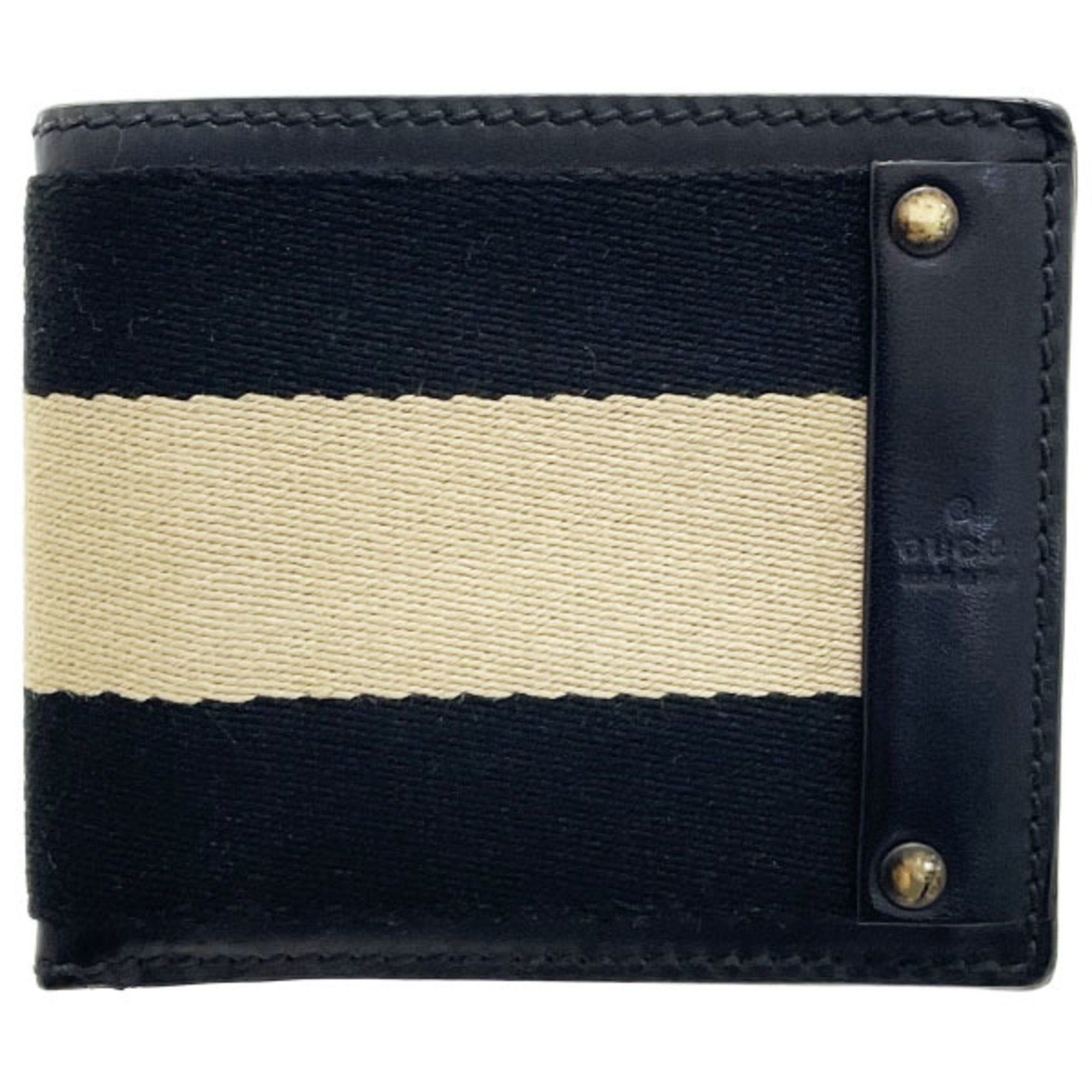 image of Gucci Wallet Sherry Line Bifold Fabric Leather Black Beige 106662 Webbing Bicolor Studs Compact Kk-