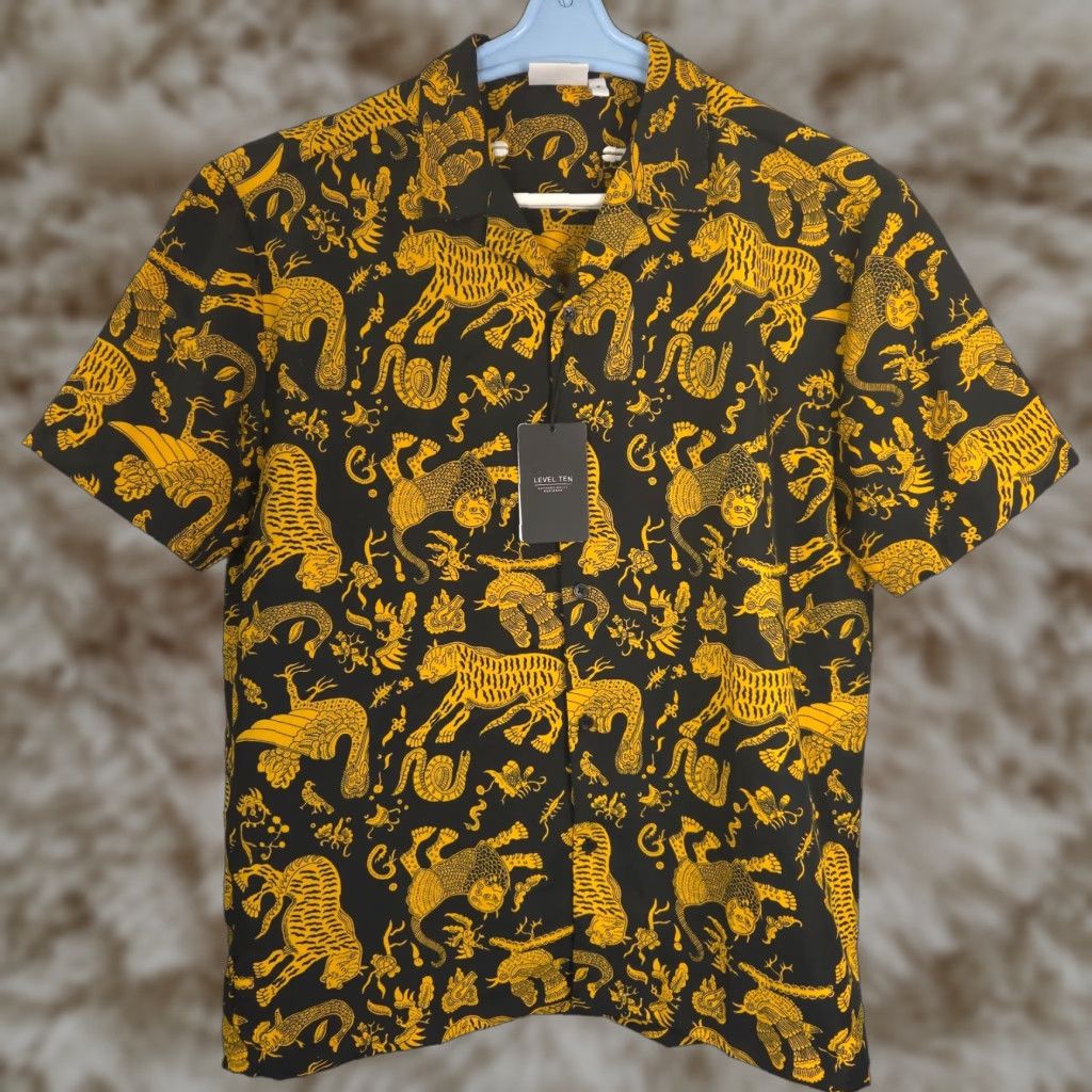 Level 10 Men Medium Y2K Dragon Button Short Sleeve Shirt Streetwear Vintage NEW Level Ten Woven Shirt LTSP1-1782