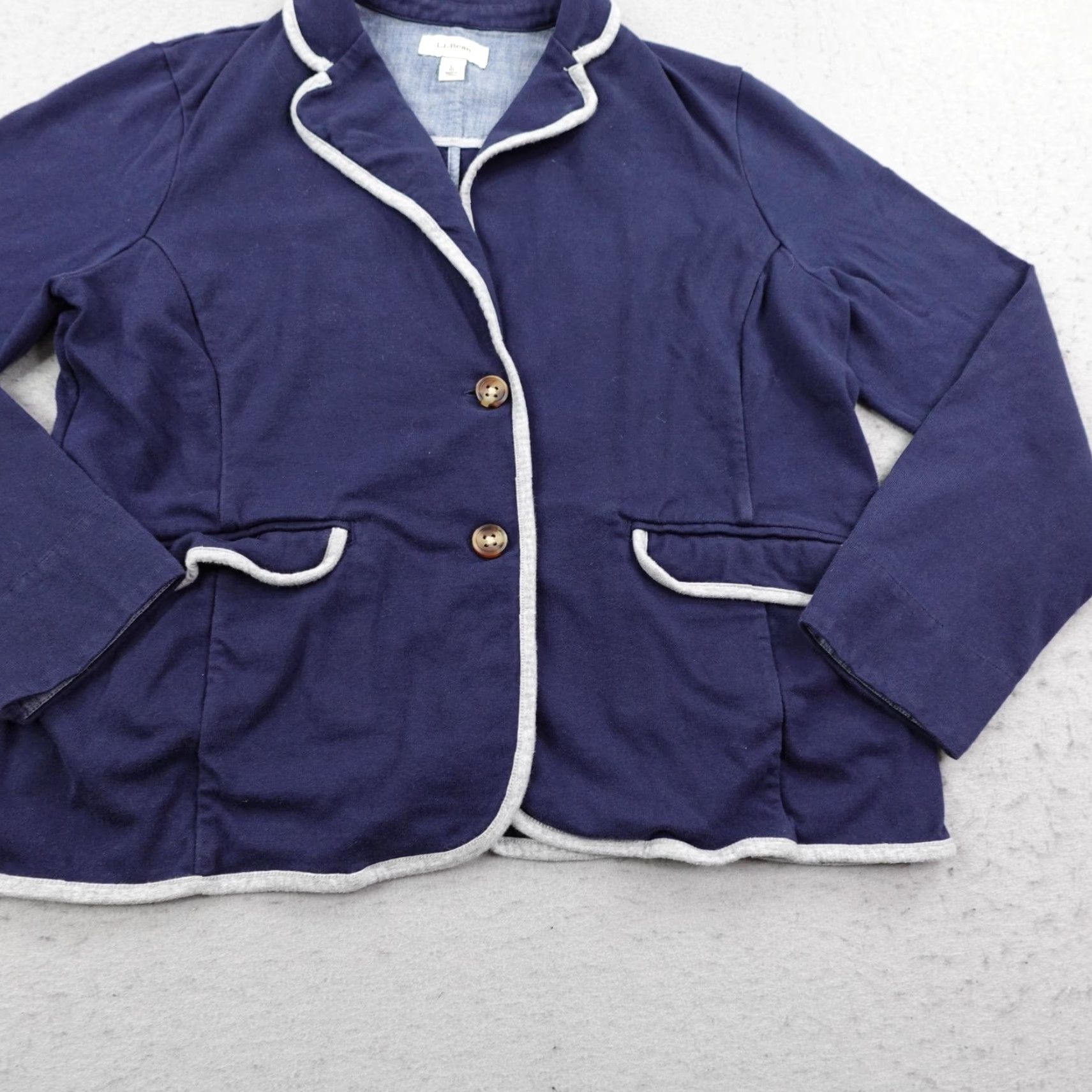 Vintage LL Bean Jacket Womens Large Blue Gray Cotton Blazer Piped Trim Casual Coat Size L / US 10 / IT 46 - 3 Thumbnail