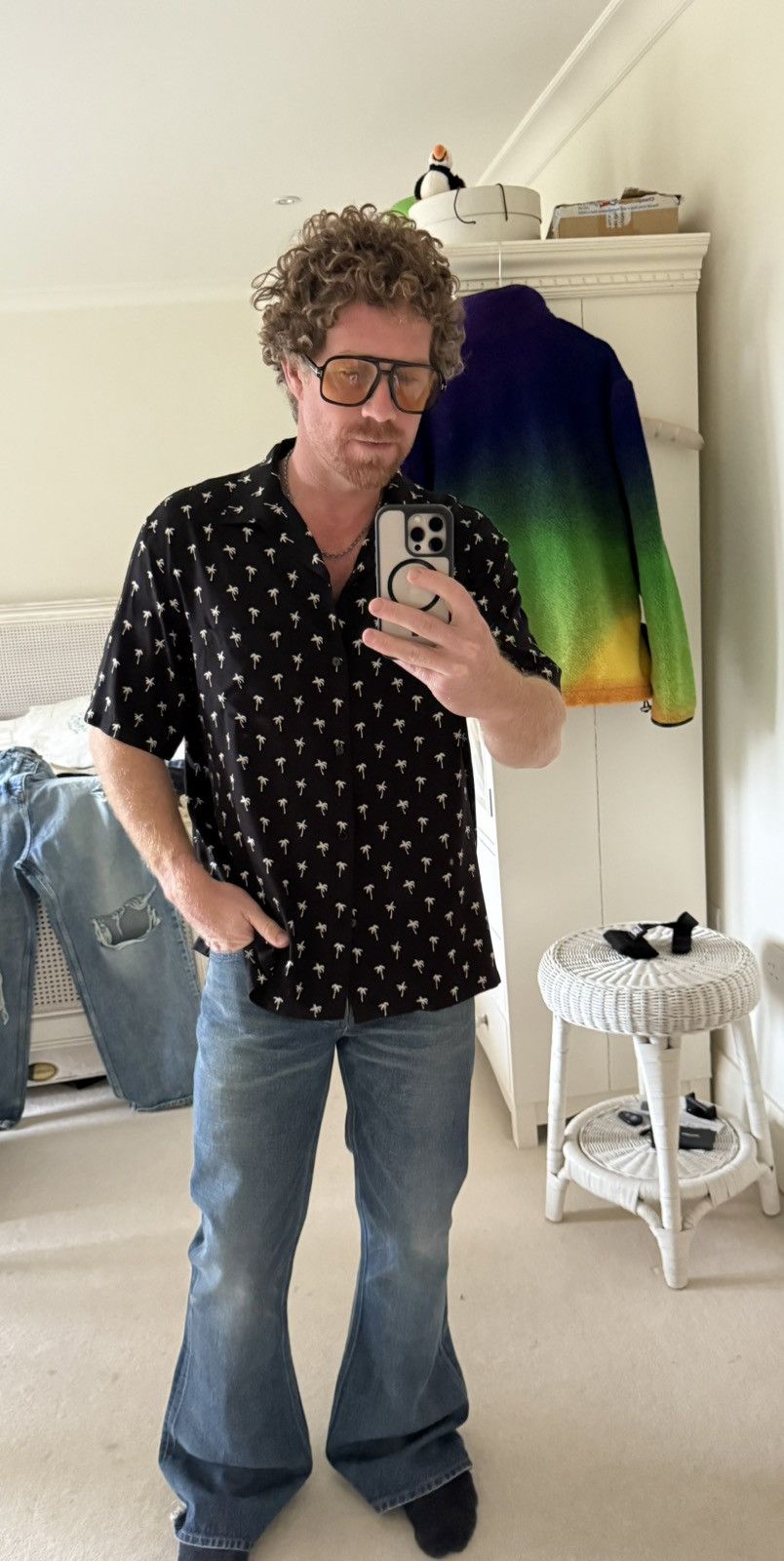 Celine SS24 $1.15k 🤑 Celine Hedi palm tree Hawaiian Black shirt
